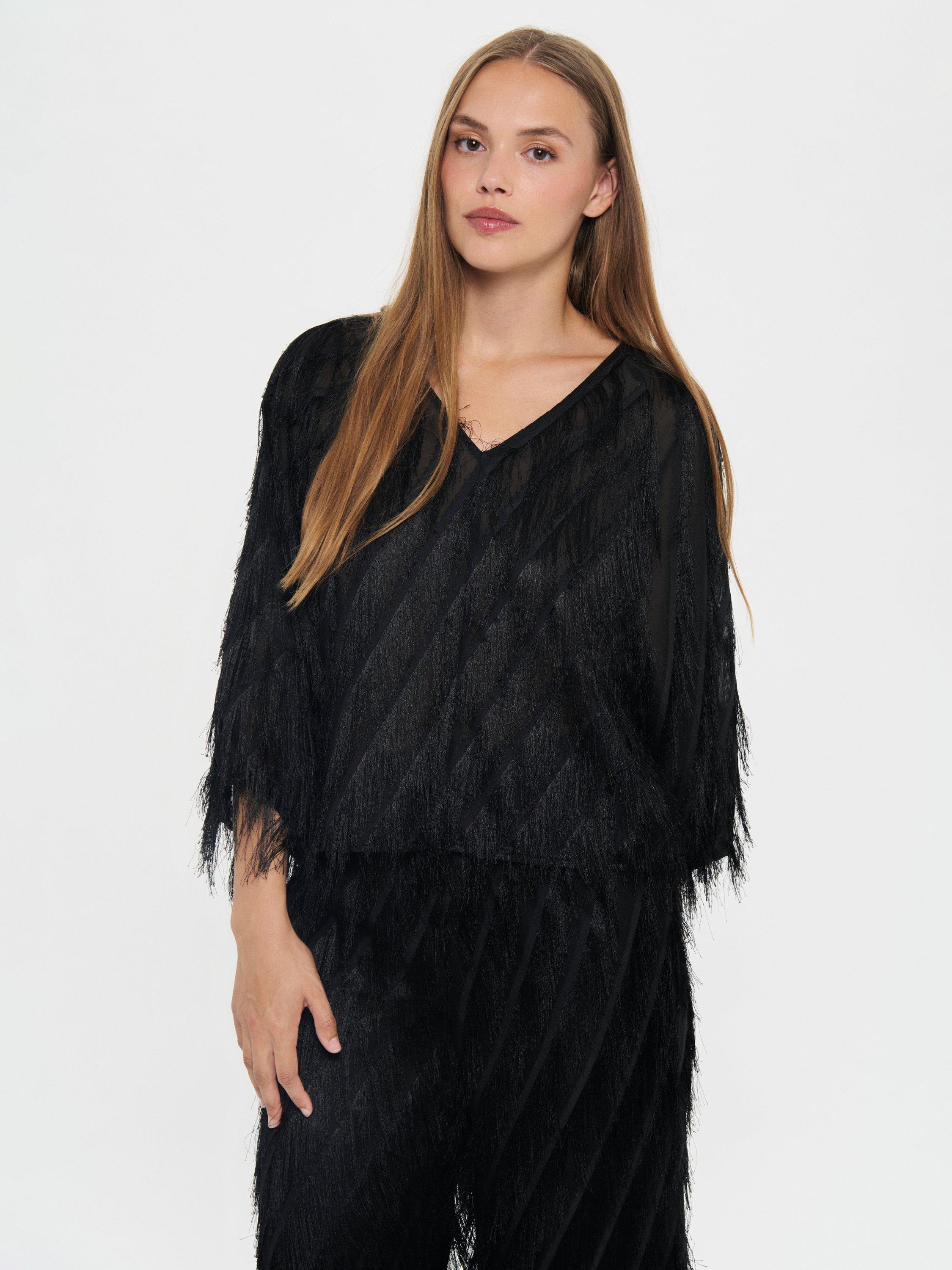 Product image 1 of 6, which shows Saint Tropez Nancy V-Neck Textured Blouse, Black, S