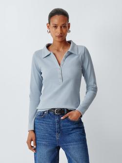 AND/OR Henley Button Neck Ribbed Top, Blue, Blue