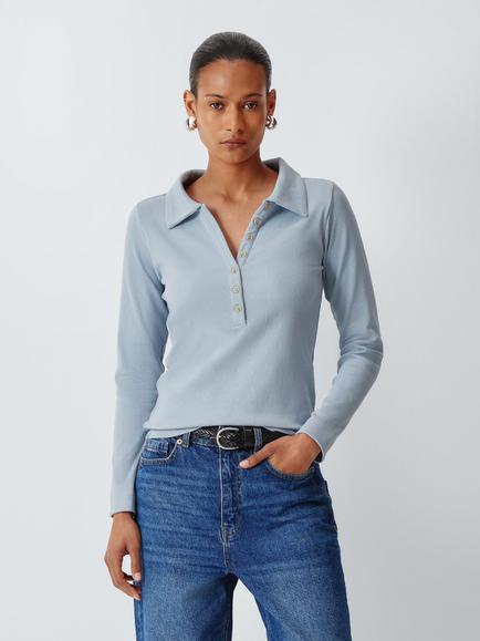 AND/OR Henley Button Neck Ribbed Top, Blue, Blue