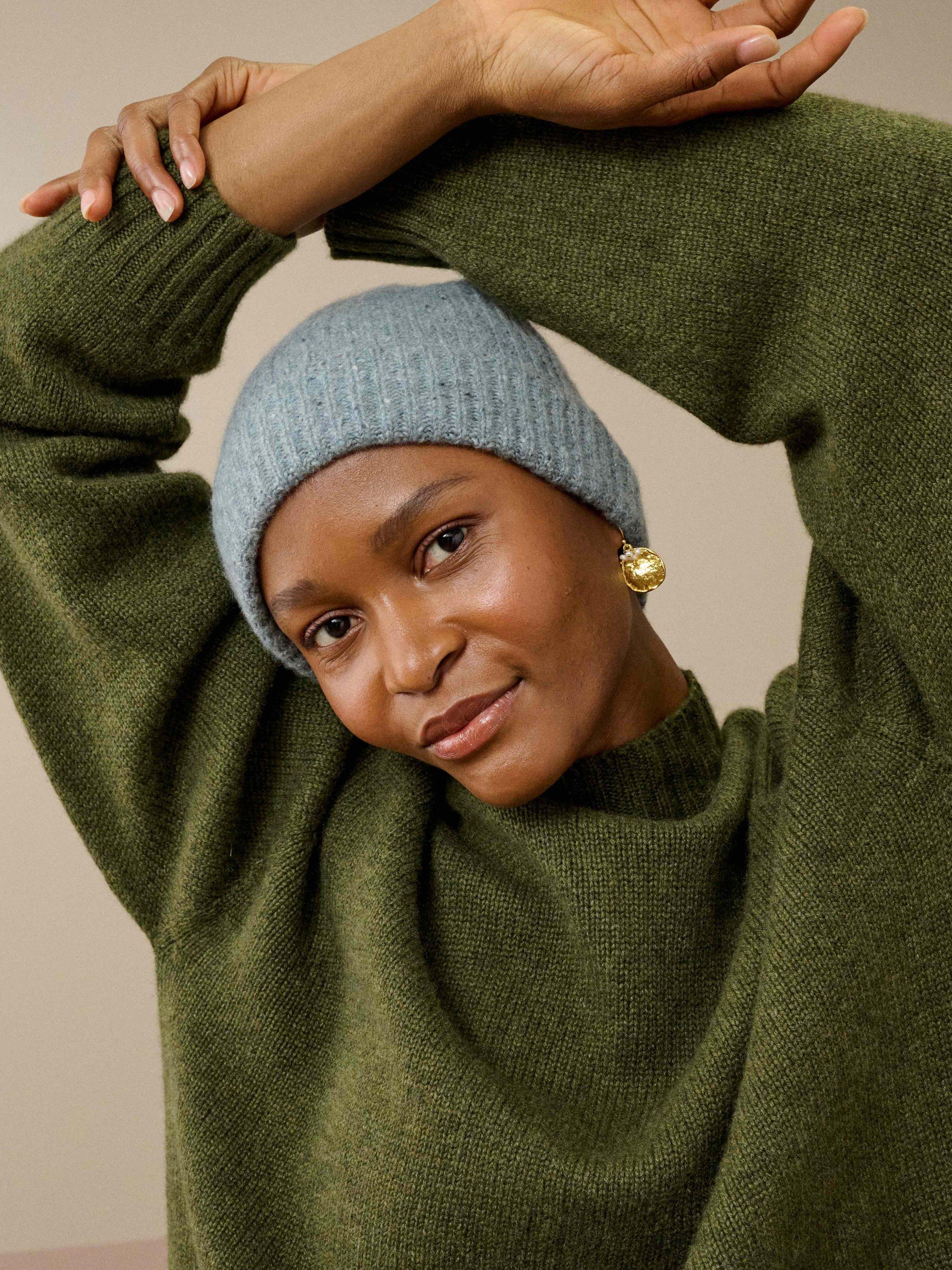 Product image 2 of 2, which shows Brora Cashmere Donegal Ribbed Hat, Mercury, One Size