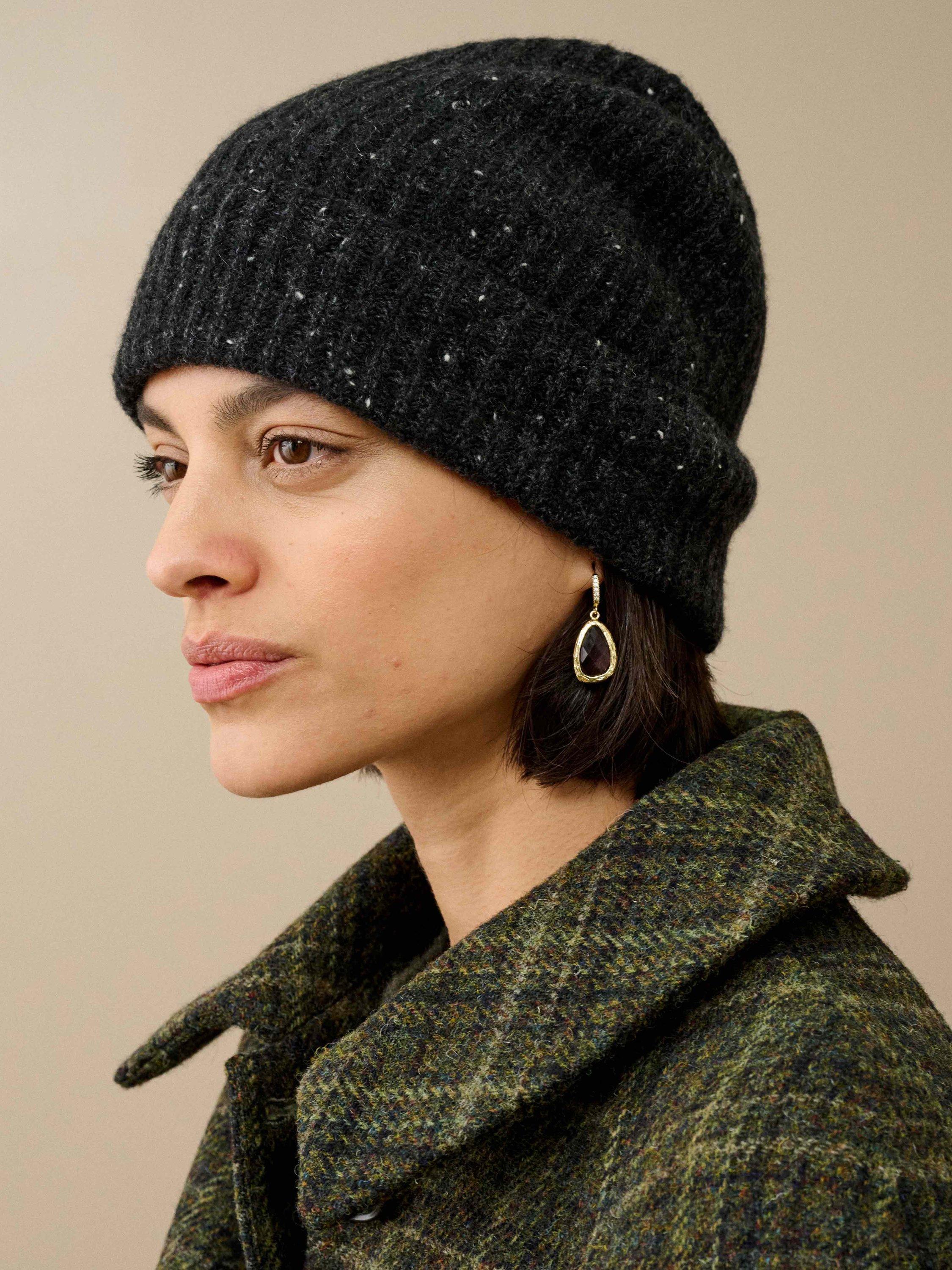 Product image 2 of 2, which shows Brora Cashmere Donegal Ribbed Hat, Charcoal, One Size