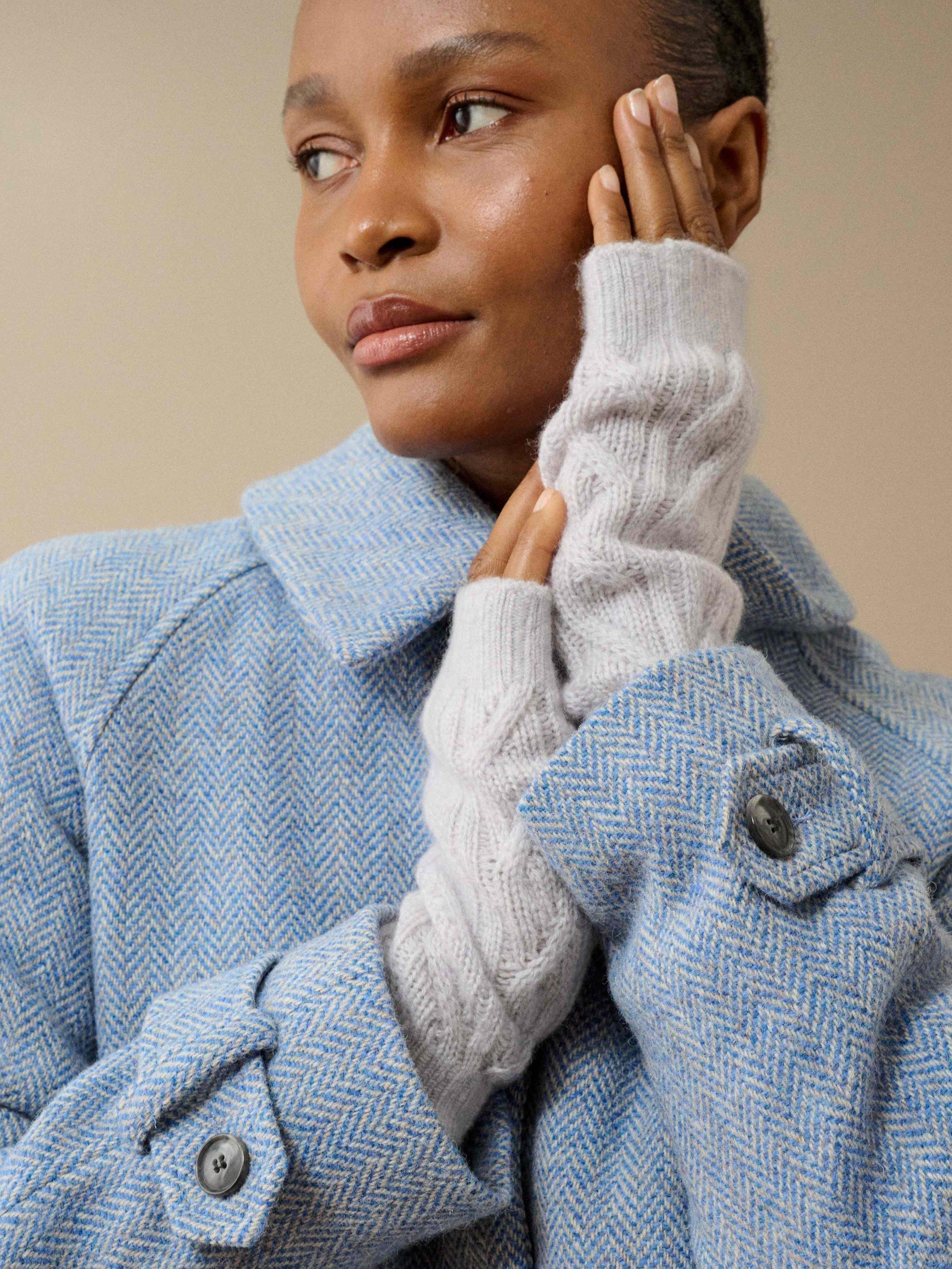 Product image 2 of 2, which shows Brora Cashmere Cable Wristwarmers, Pearl, One Size