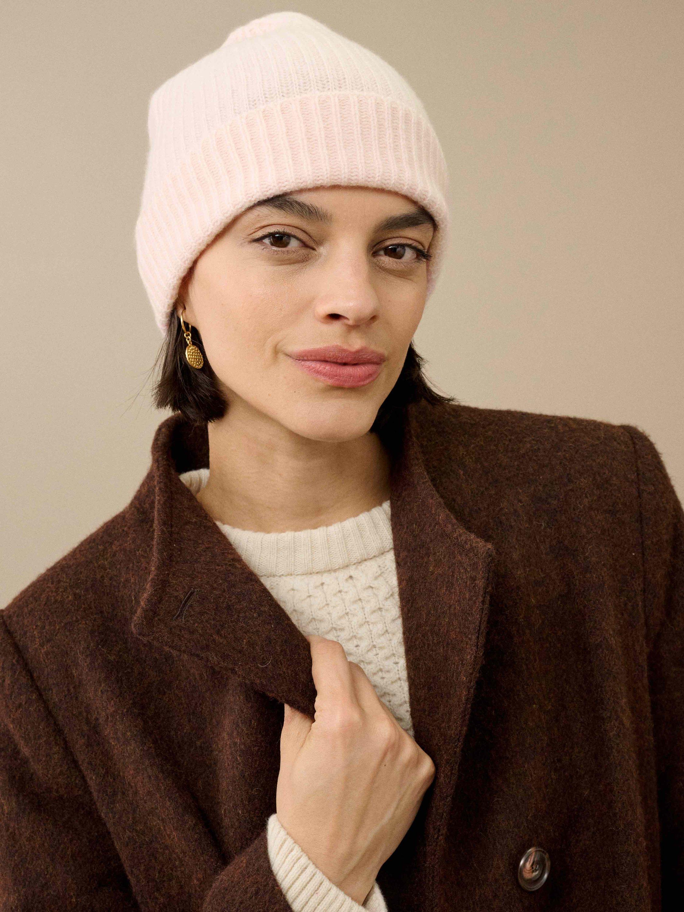 Product image 2 of 2, which shows Brora Cashmere Rib Hat, Rosewater, One Size