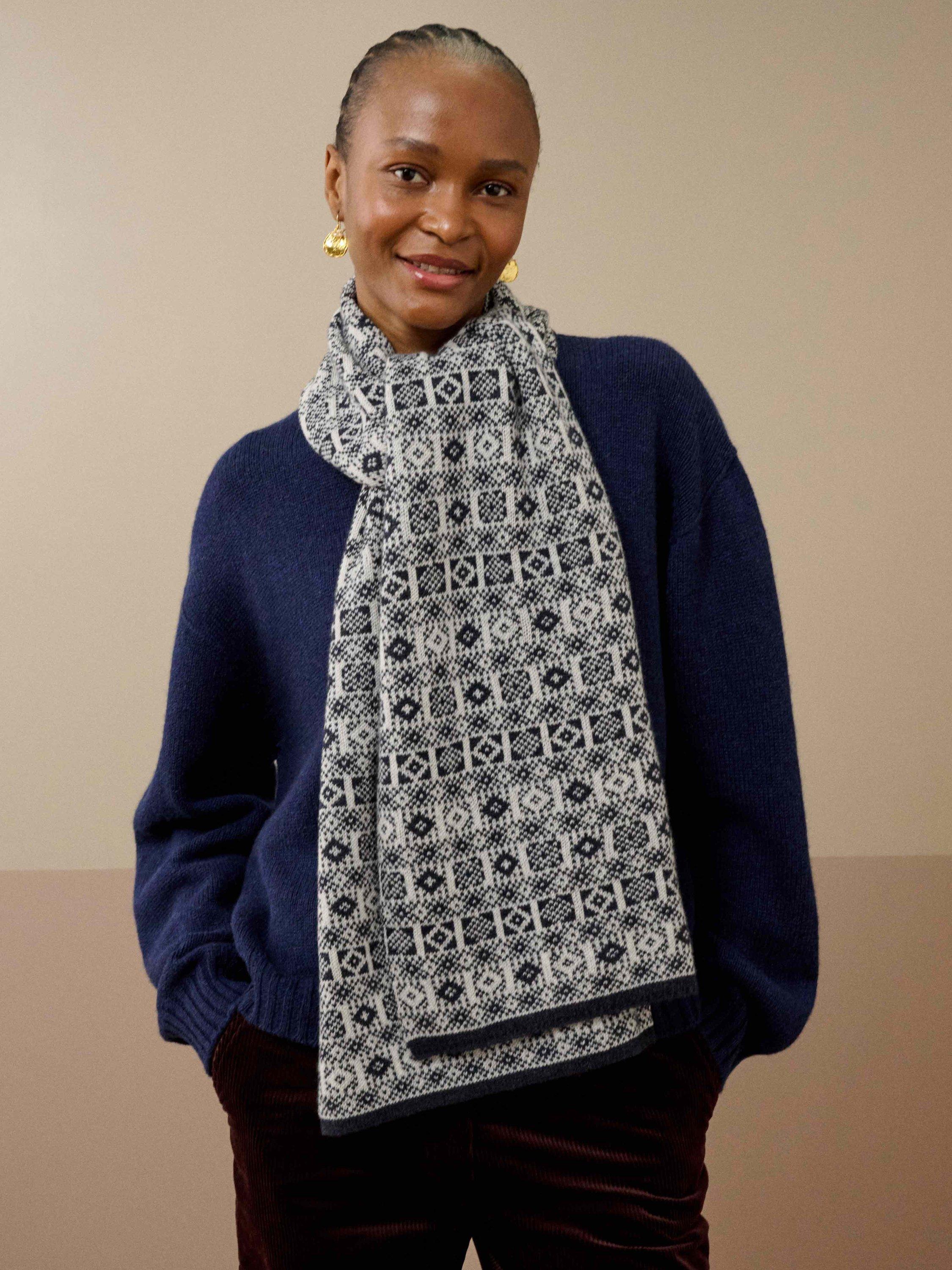 Product image 2 of 2, which shows Brora Cashmere Geometric Scarf, Midnight/Swan, One Size