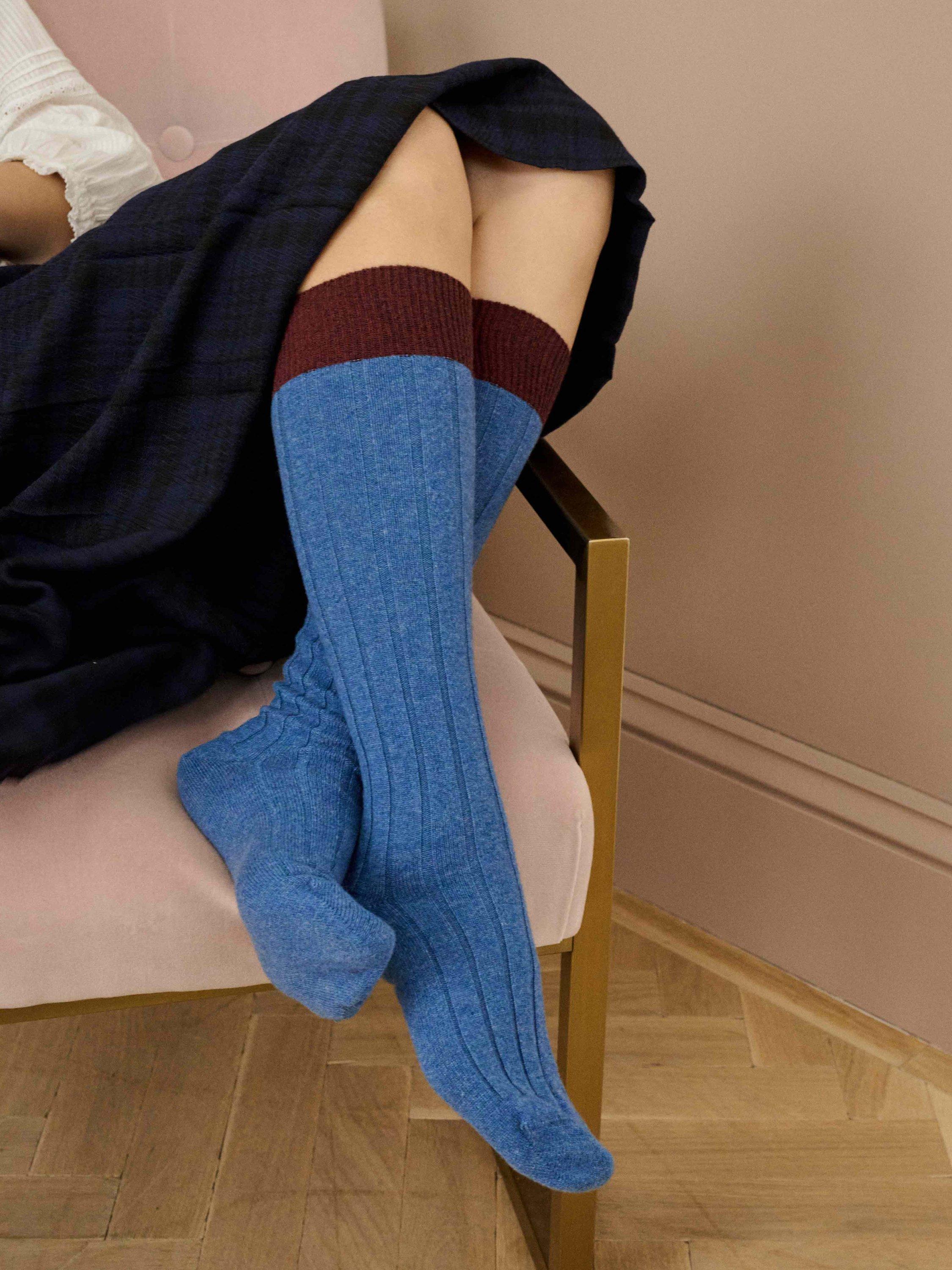 Product image 2 of 2, which shows Brora Cashmere Long Socks, Dusk/Malt, 6-7