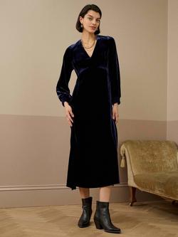Brora V-Neck Shirred Detail Silk Velvet Dress, Midnight