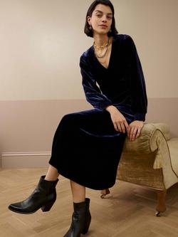 Brora V-Neck Shirred Detail Silk Velvet Dress - view 2, Midnight