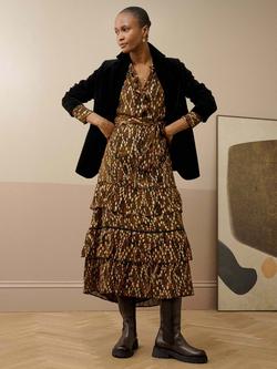 Brora Frill Collar Metallic Paisley Print Midi Dress, Green/Multi, Green/Multi