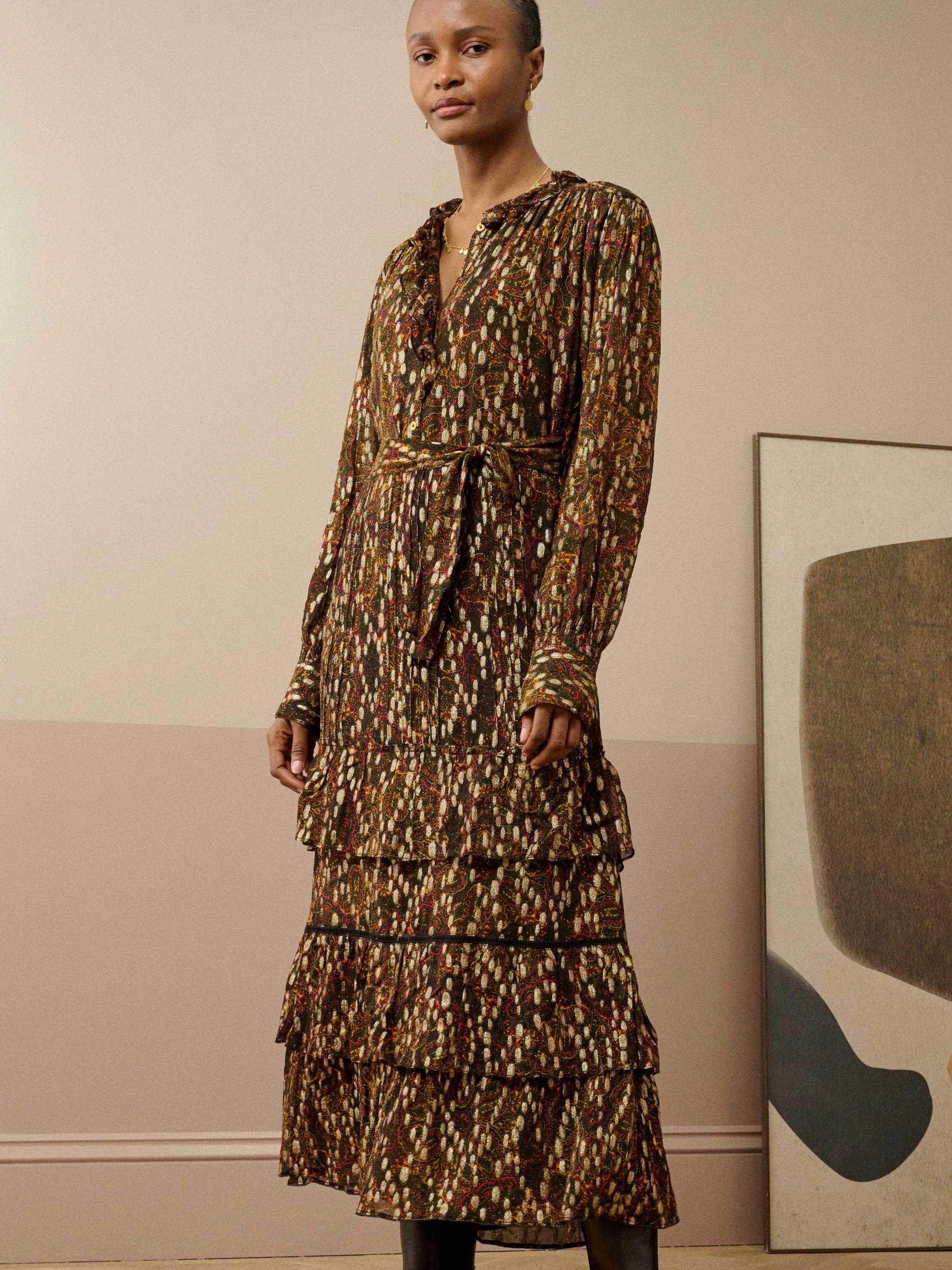 knee length dresses for ladies Umgee Plus Size Brown Paisley Print Midi Dress with Ruffle Sleeves main image 1