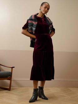 Brora Silk Velvet Midi Tiered Keyhole Dress, Claret
