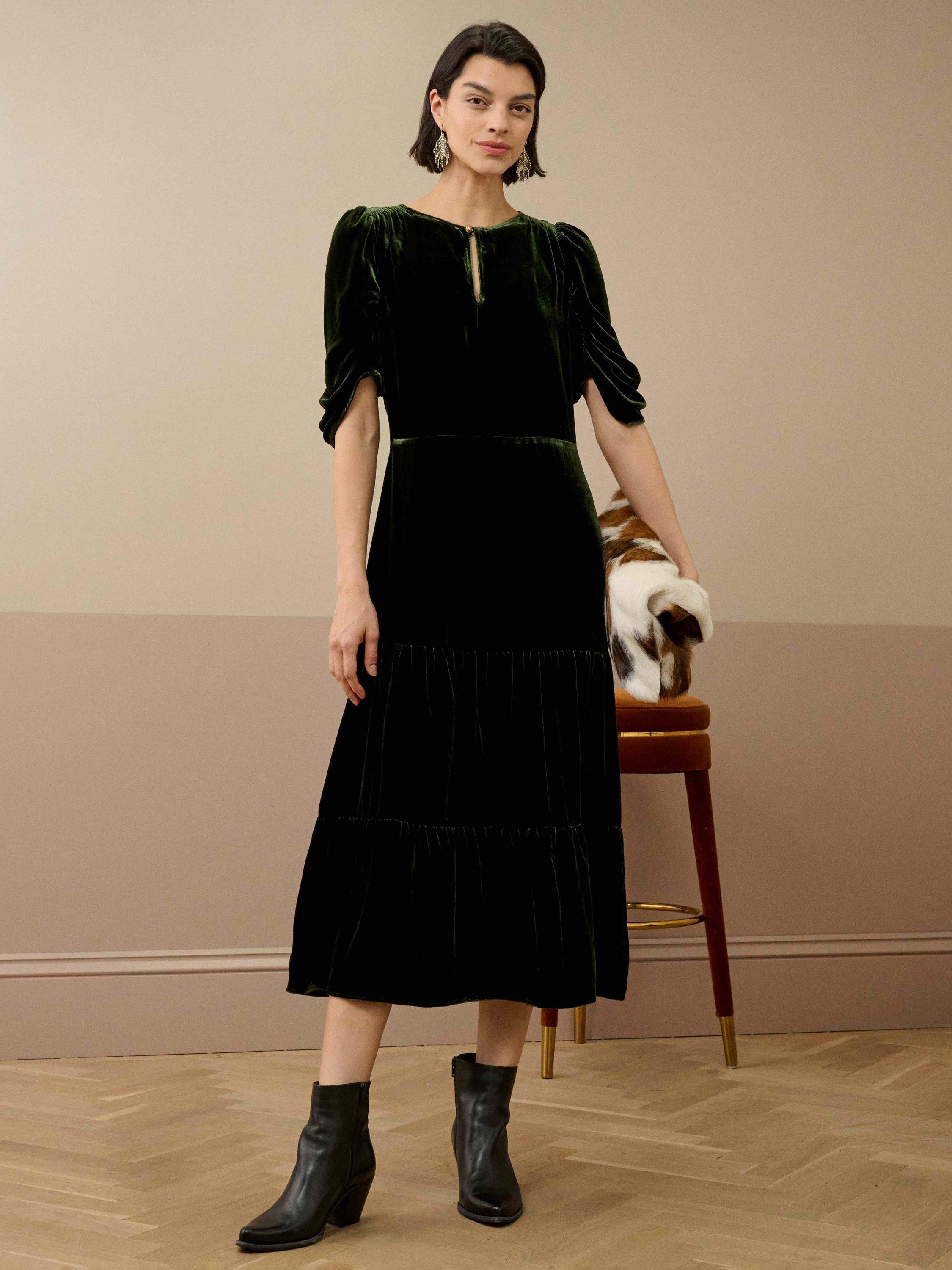 Brora Silk Velvet Midi Tiered Keyhole Dress, Ivy