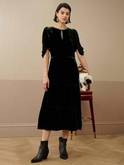 Brora Silk Velvet Midi Tiered Keyhole Dress, Ivy