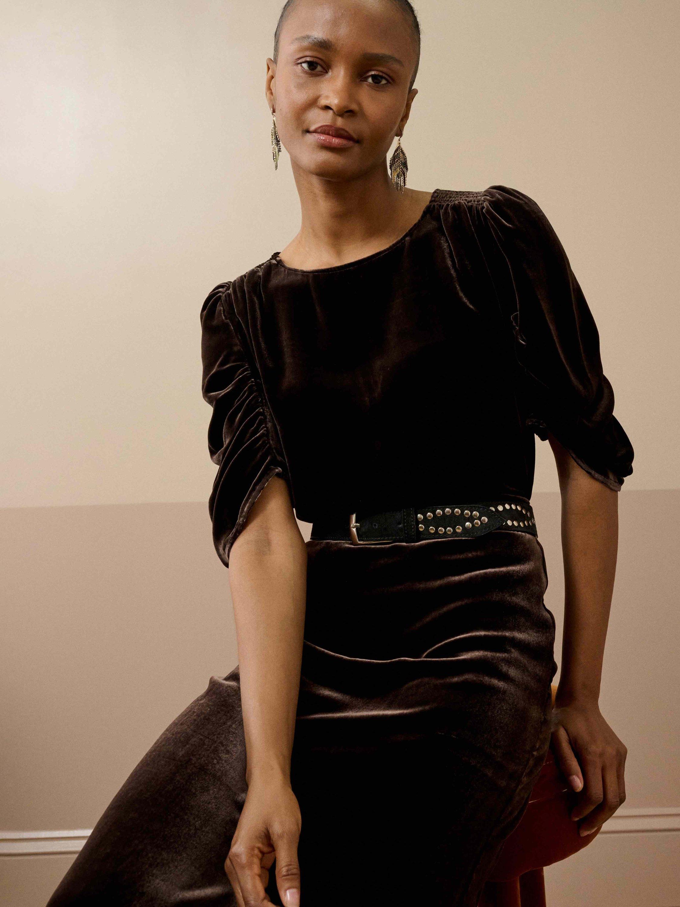 Product image 1 of 5, which shows Brora Silk Round Neck Ruched Short Sleeve Velvet Blouse , Fudge, 6