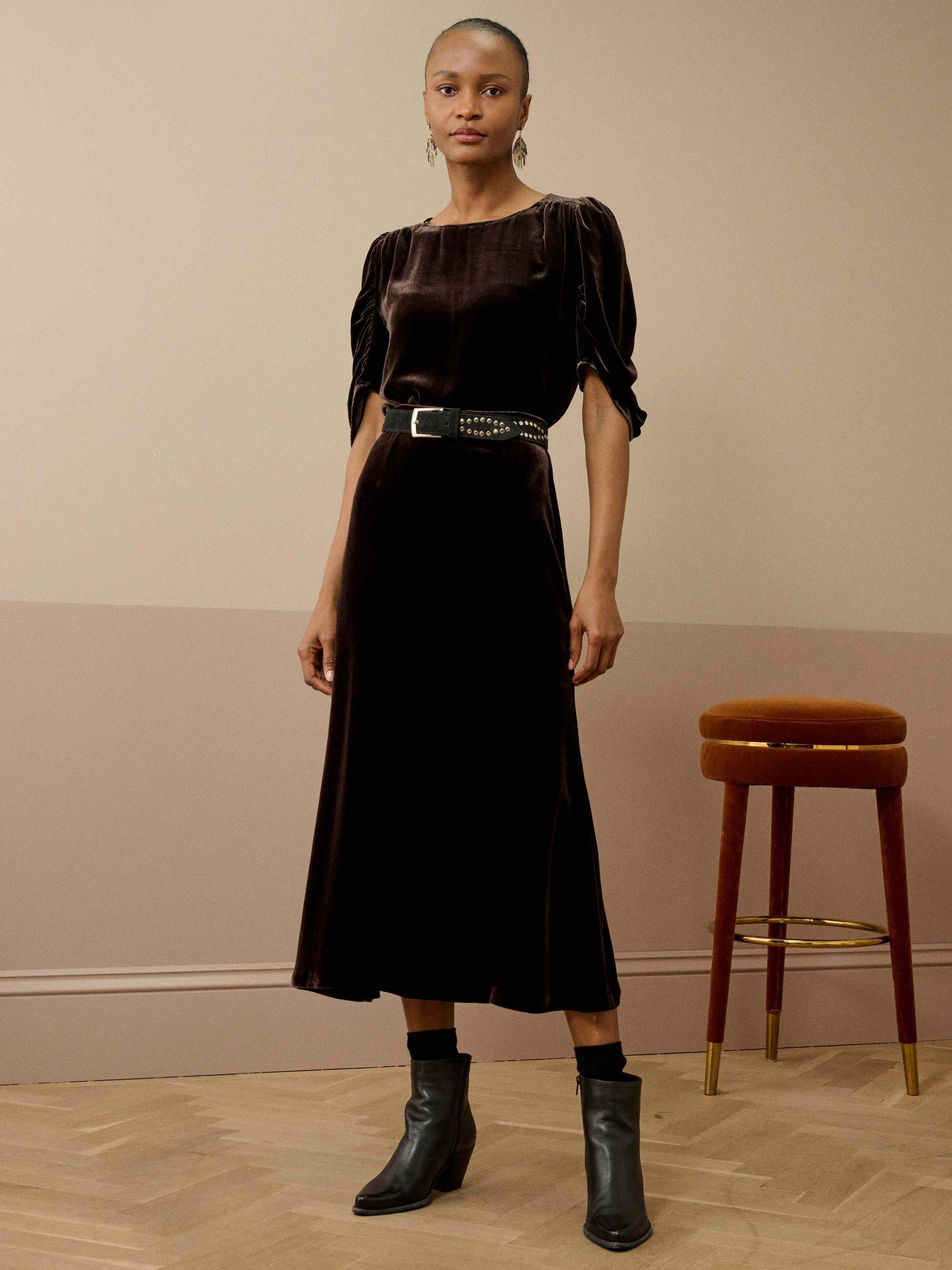 Product image 2 of 5, which shows Brora Silk Round Neck Ruched Short Sleeve Velvet Blouse , Fudge, 6