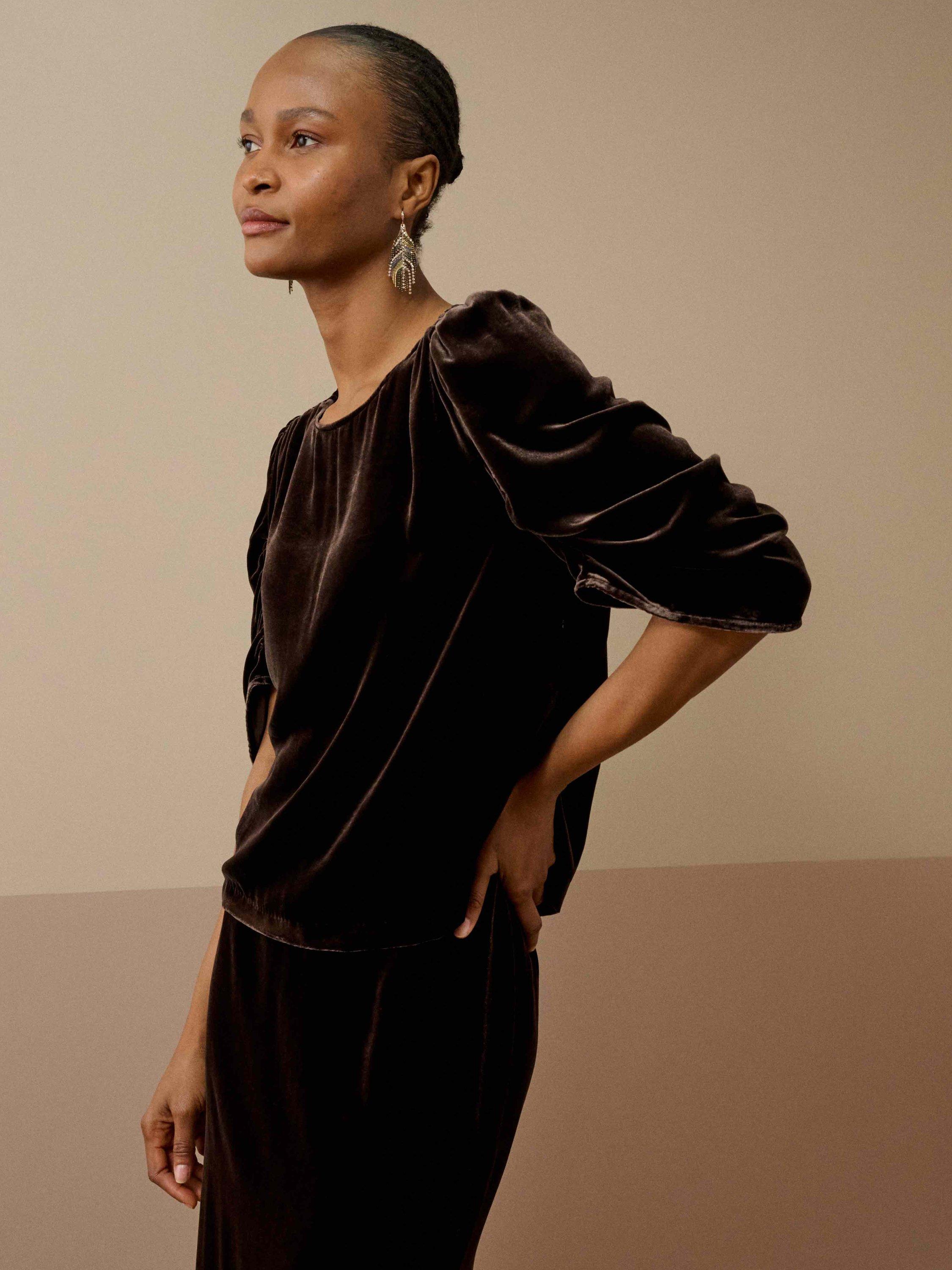 Product image 3 of 5, which shows Brora Silk Round Neck Ruched Short Sleeve Velvet Blouse , Fudge, 6