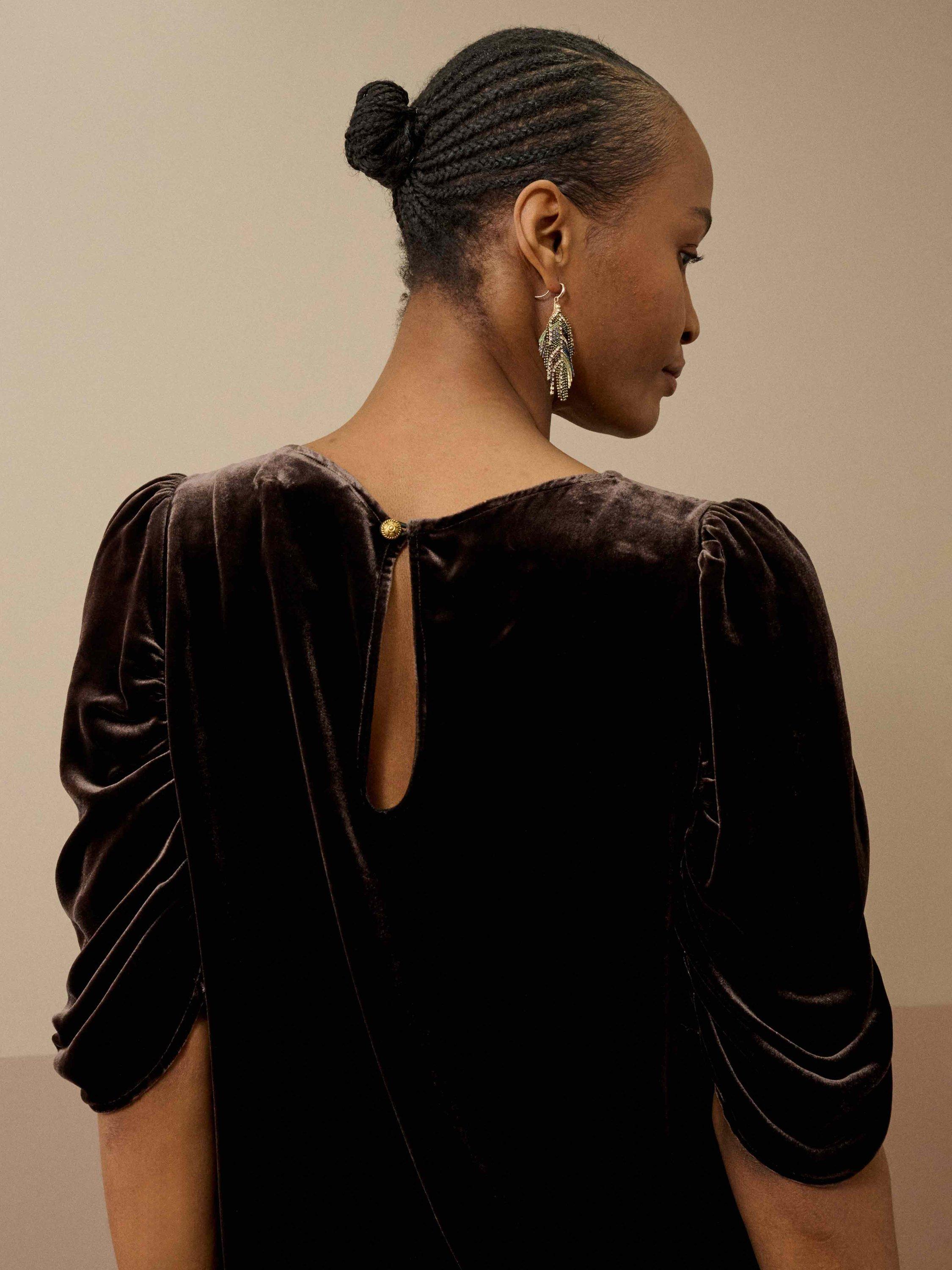 Product image 4 of 5, which shows Brora Silk Round Neck Ruched Short Sleeve Velvet Blouse , Fudge, 6