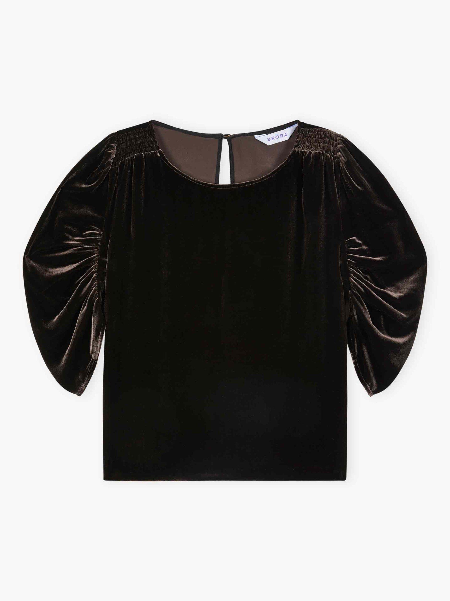 Product image 5 of 5, which shows Brora Silk Round Neck Ruched Short Sleeve Velvet Blouse , Fudge, 6