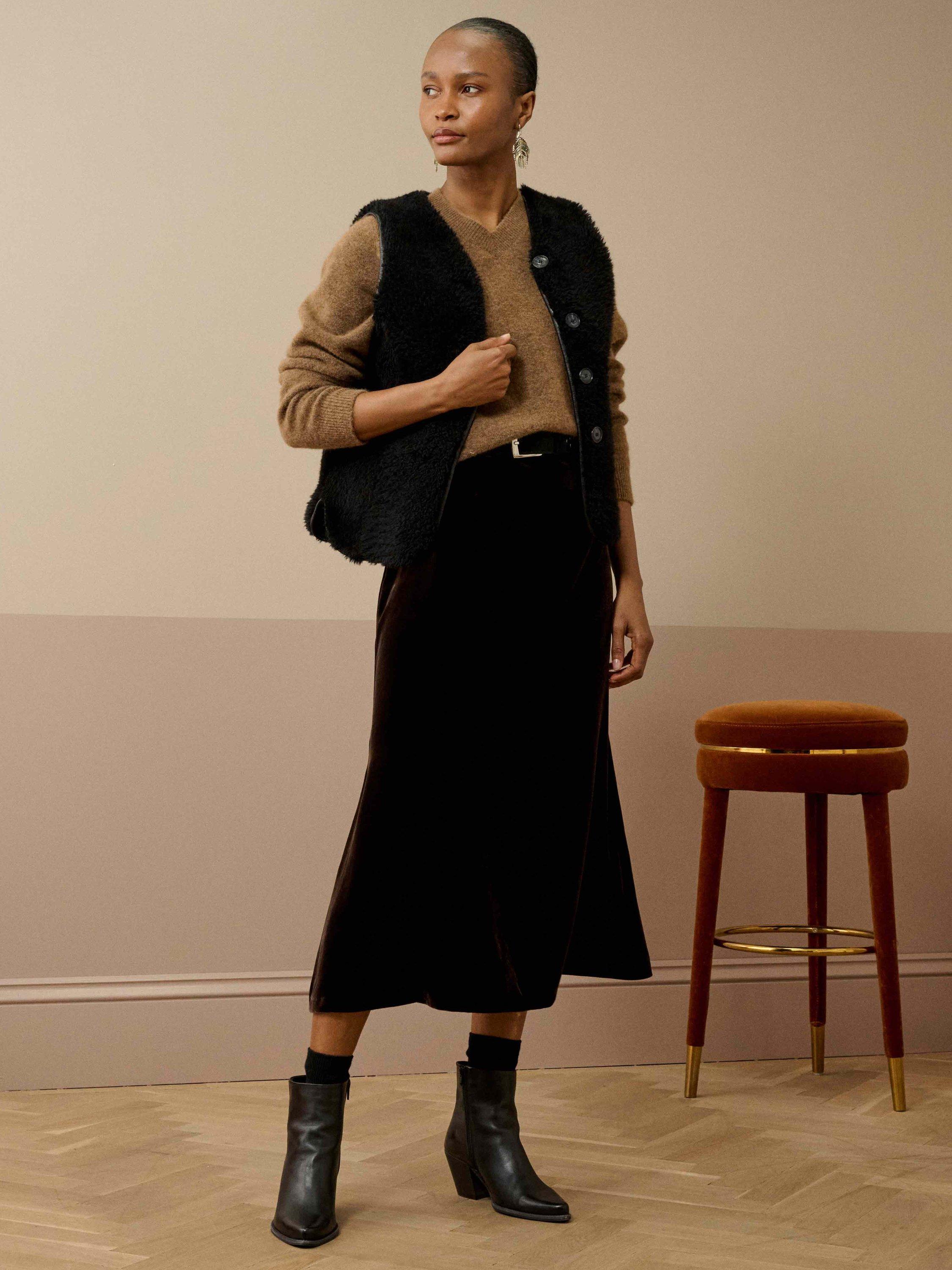 Product image 1 of 5, which shows Brora Silk Bias Cut Velvet Skirt , Fudge, 6