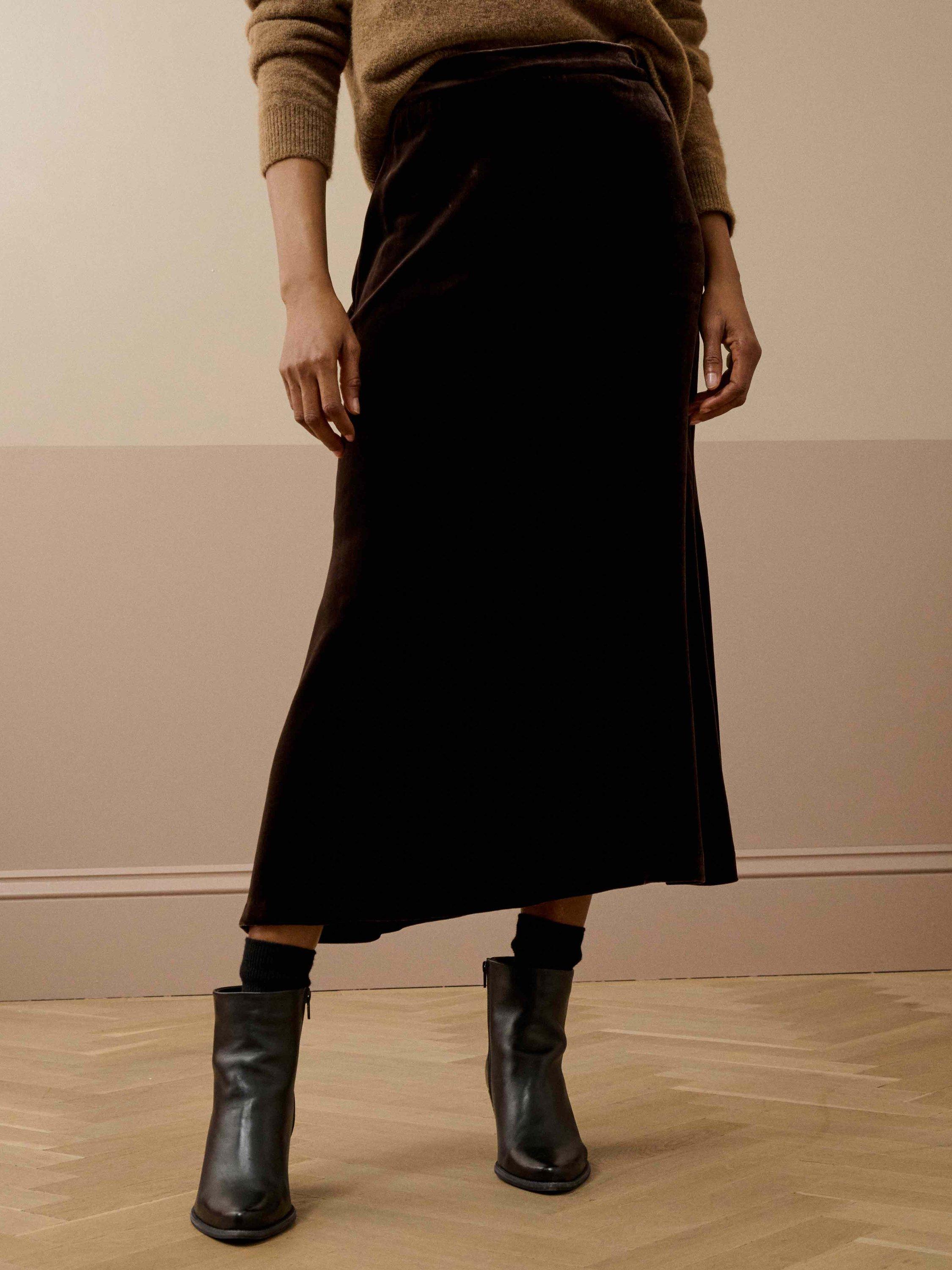 Product image 2 of 5, which shows Brora Silk Bias Cut Velvet Skirt , Fudge, 6