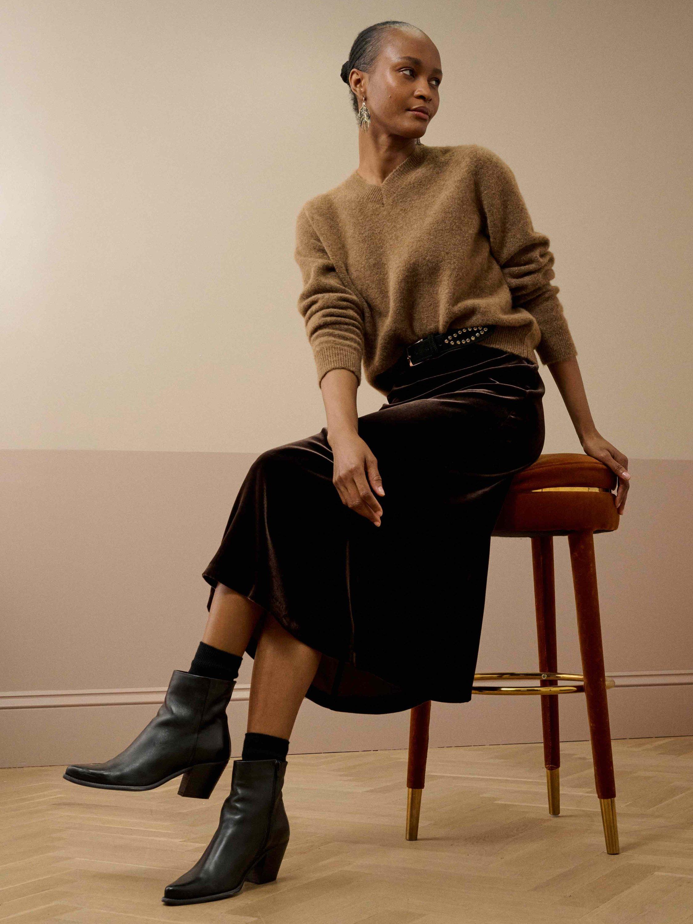 Product image 3 of 5, which shows Brora Silk Bias Cut Velvet Skirt , Fudge, 6