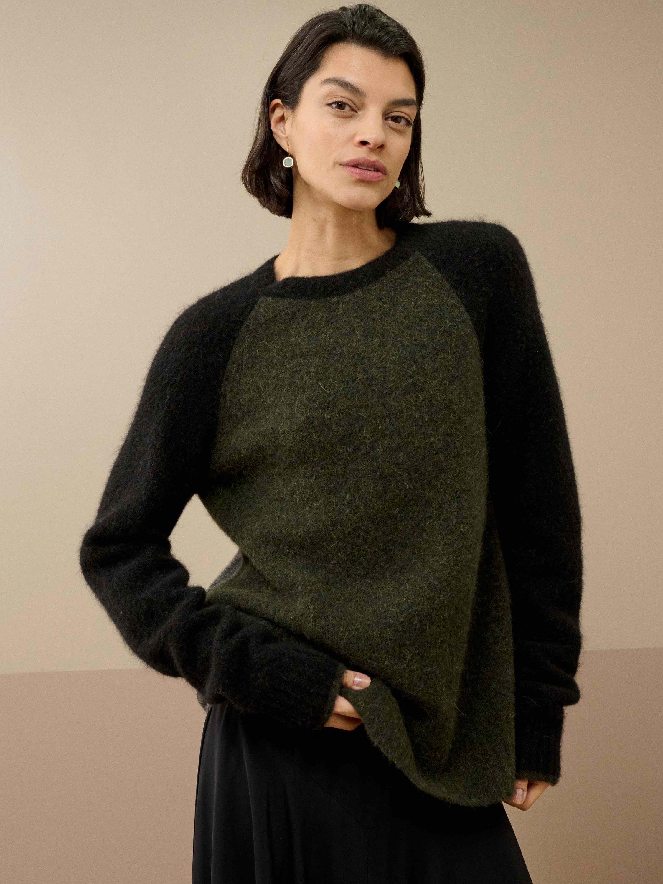 Product image 1 of 5, which shows Brora Alpaca Blend Colour Block Jumper, Seaweed/Black, 8-10