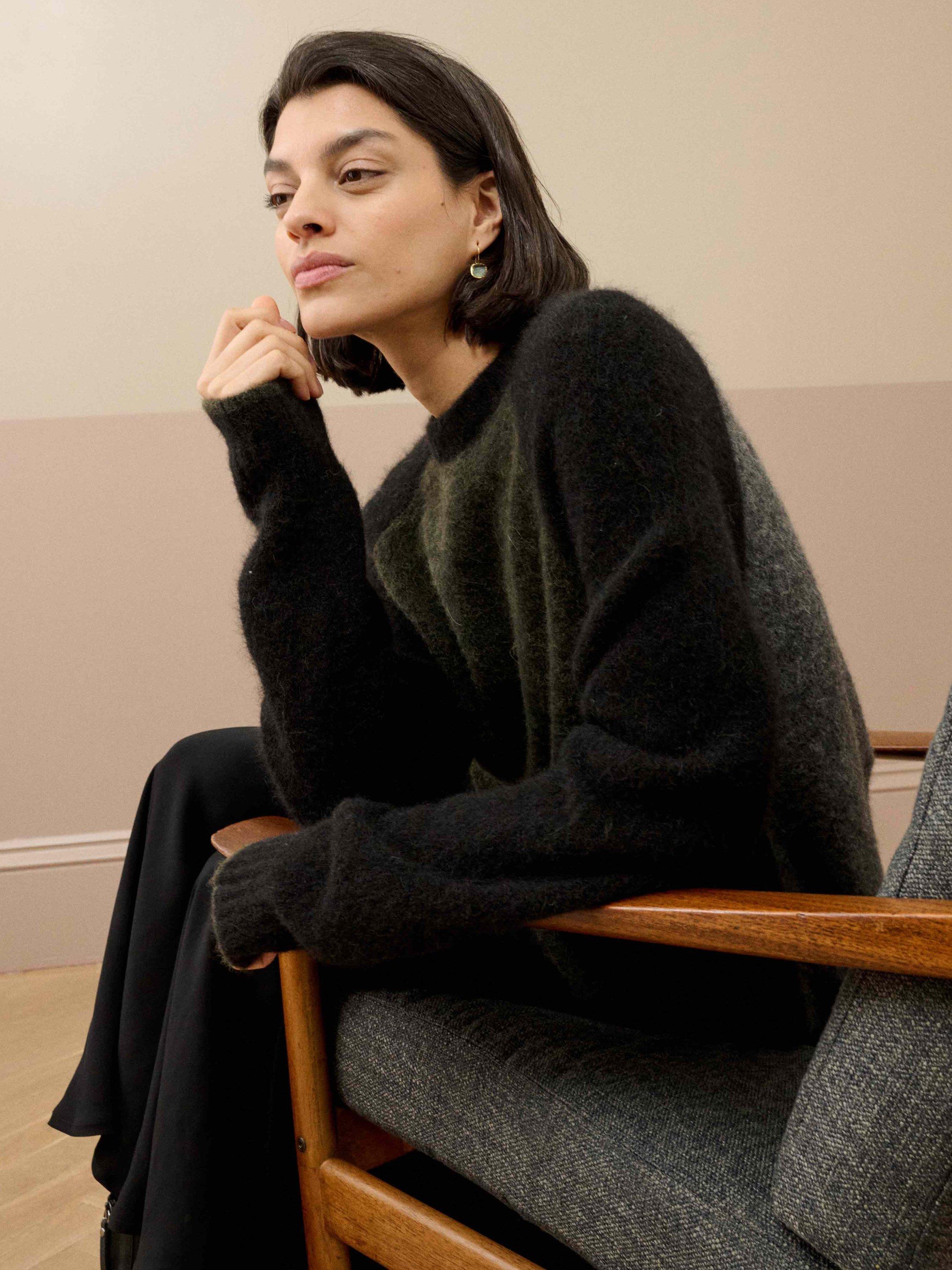 Product image 2 of 5, which shows Brora Alpaca Blend Colour Block Jumper, Seaweed/Black, 8-10