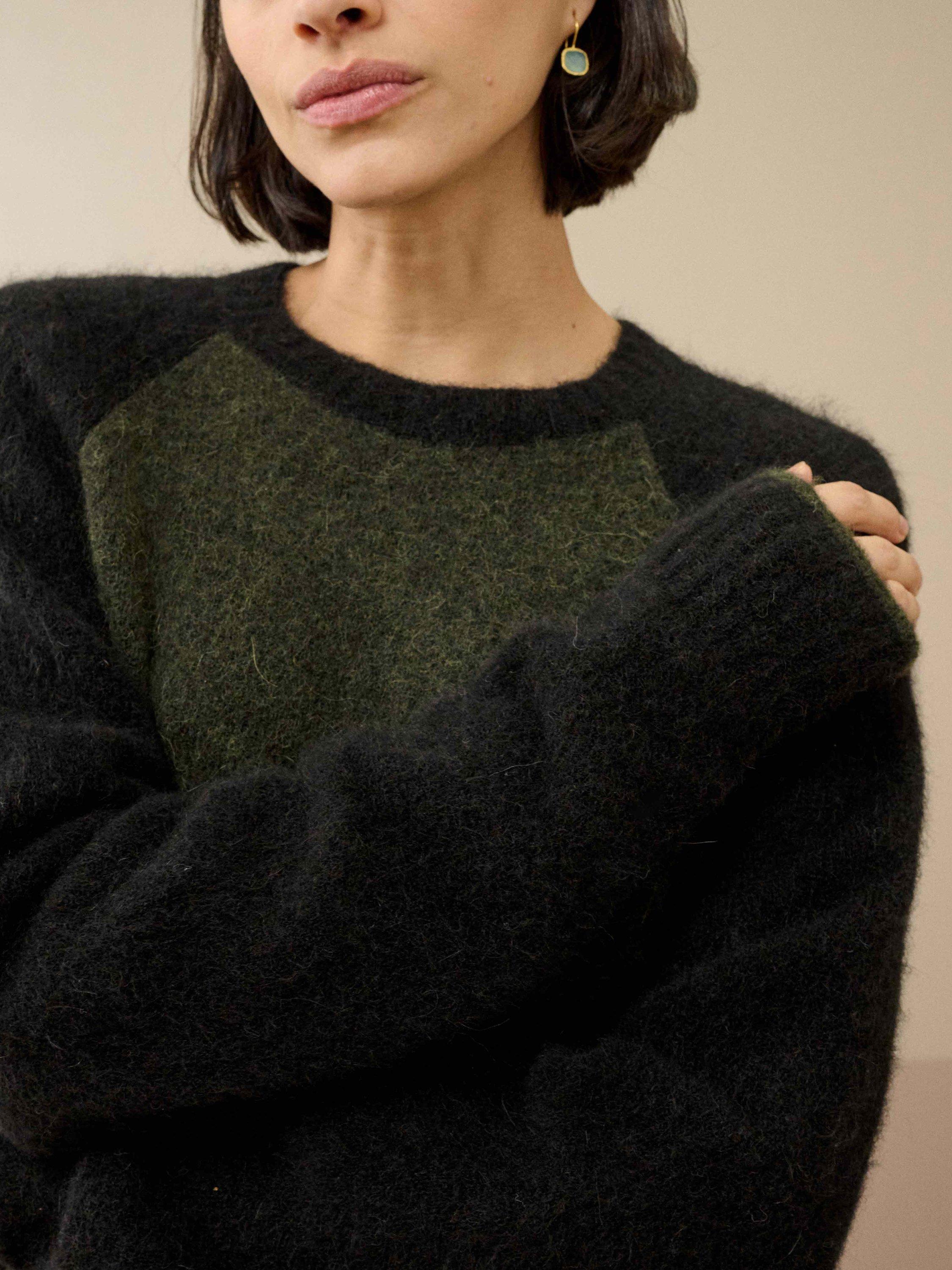 Product image 4 of 5, which shows Brora Alpaca Blend Colour Block Jumper, Seaweed/Black, 8-10