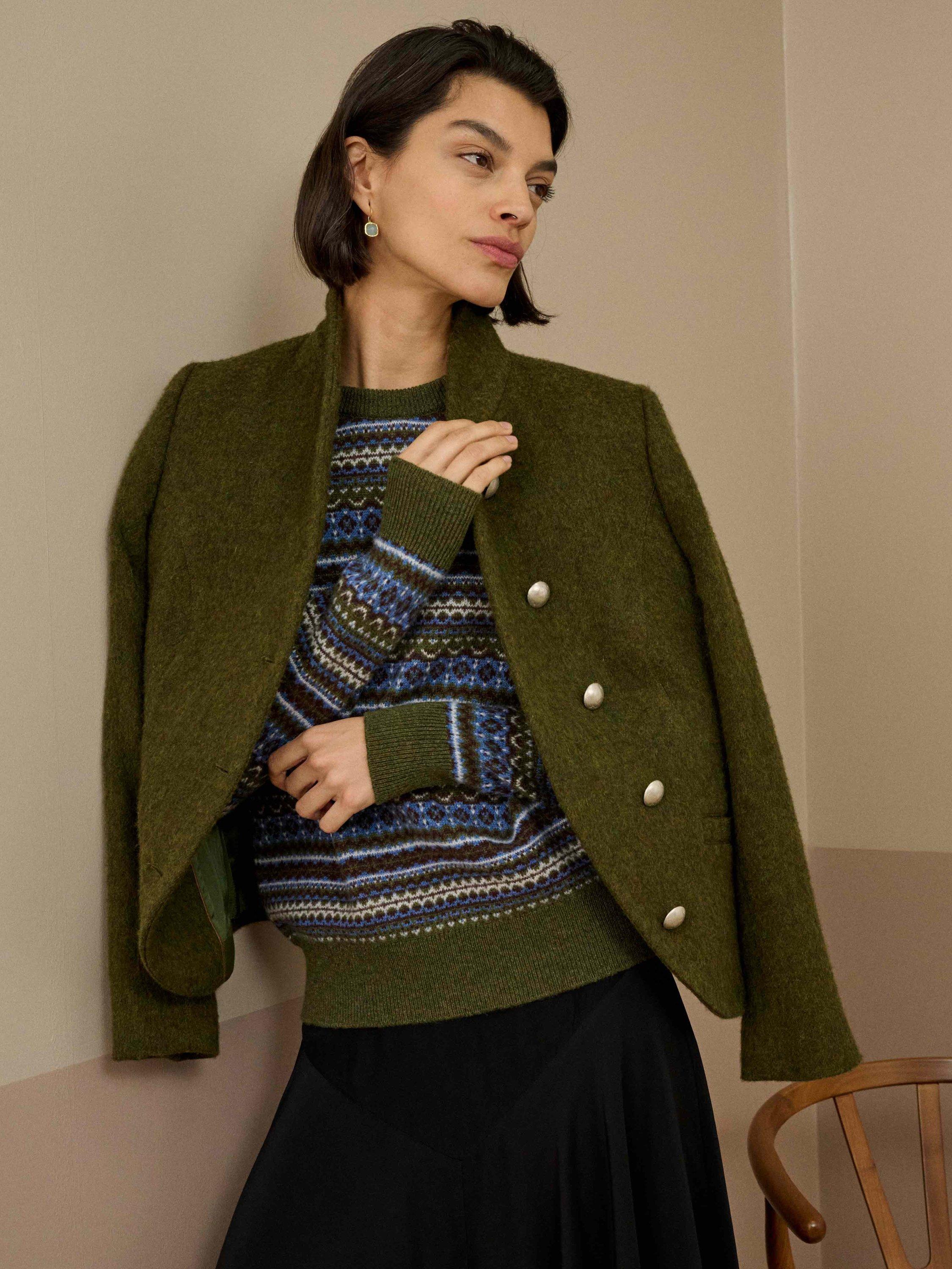 Product image 2 of 5, which shows Brora Cashmere Fair Isle Round Neck Jumper, Sorrel, 12-14