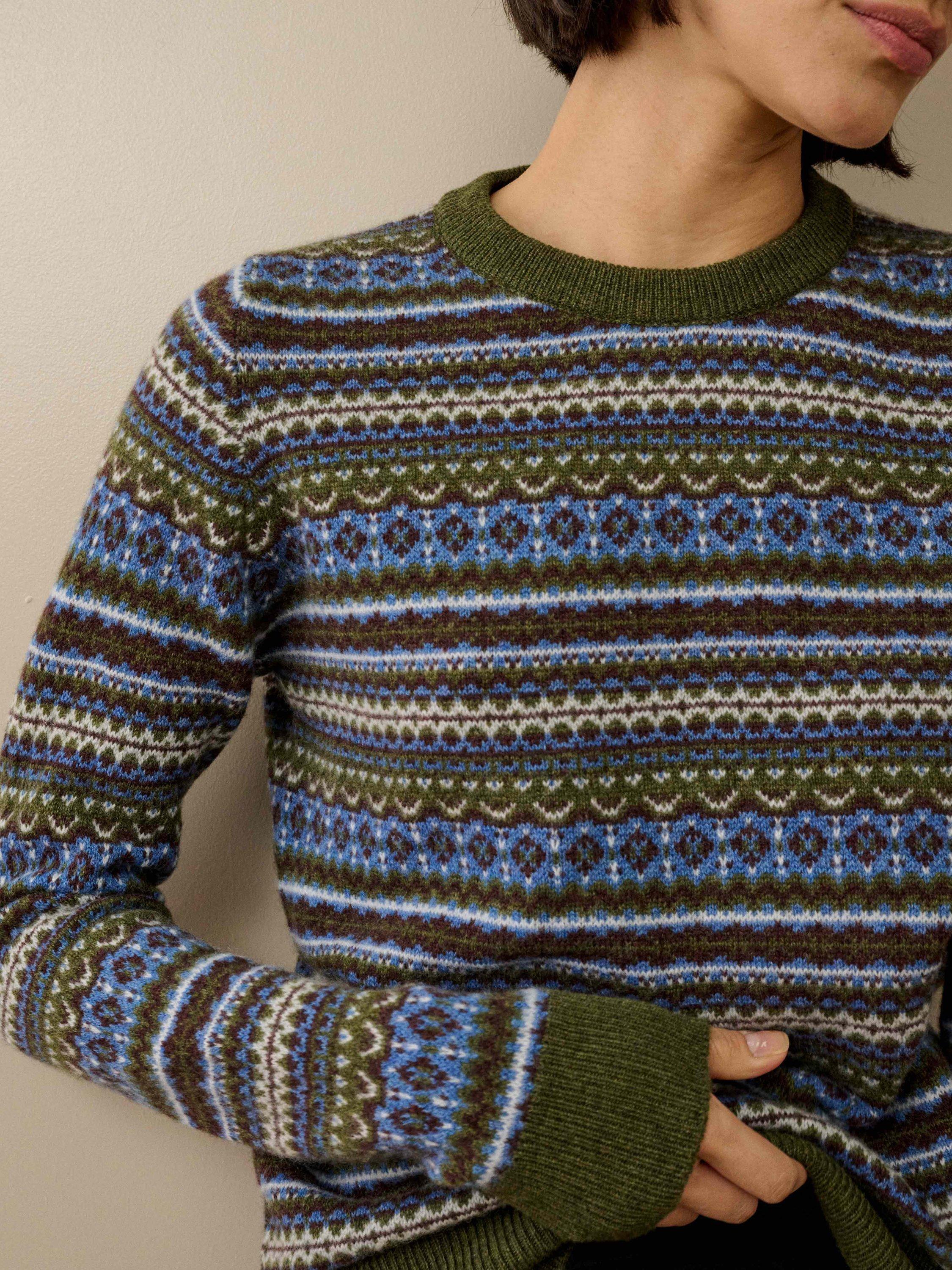 Product image 3 of 5, which shows Brora Cashmere Fair Isle Round Neck Jumper, Sorrel, 12-14