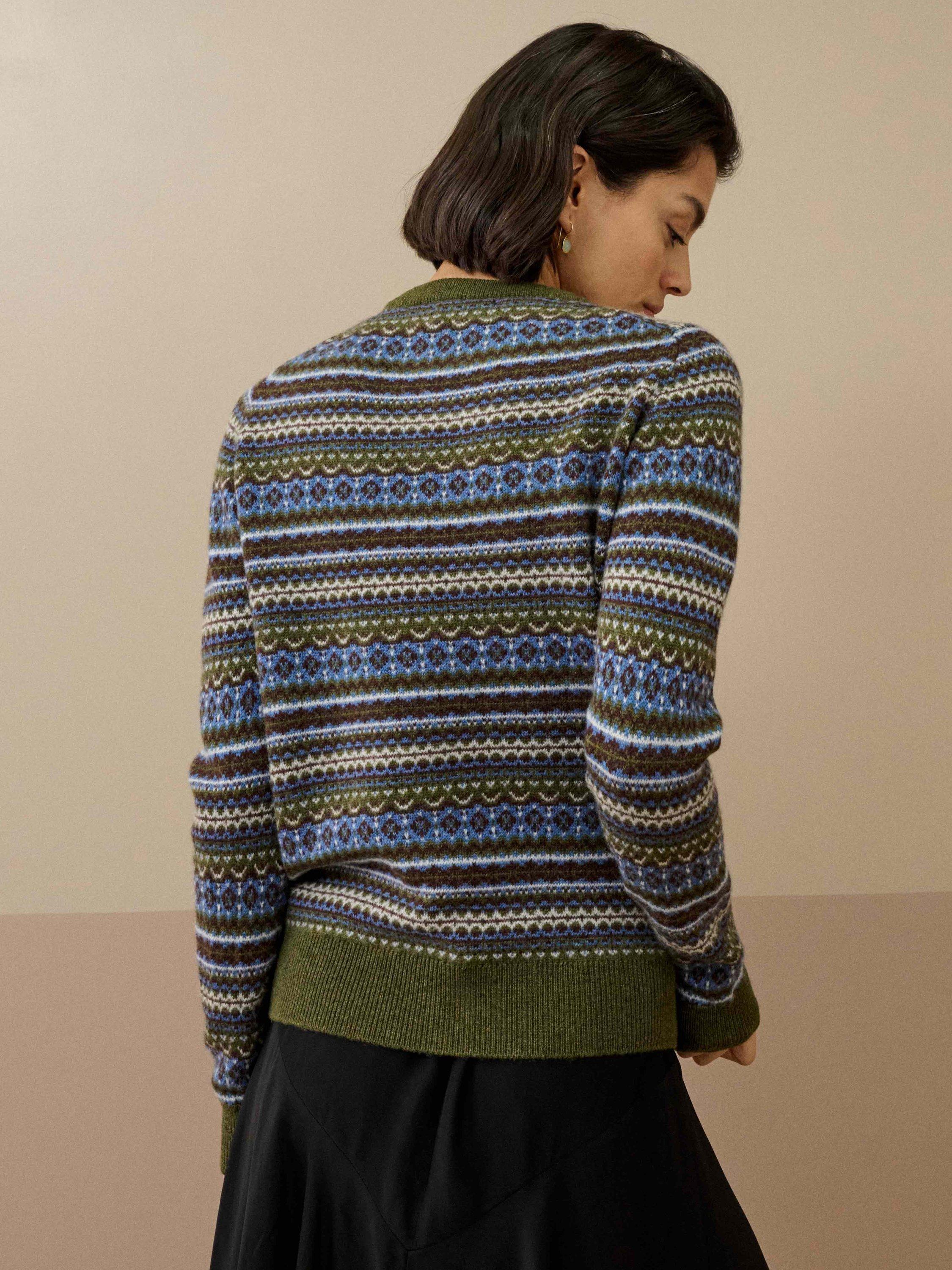 Product image 4 of 5, which shows Brora Cashmere Fair Isle Round Neck Jumper, Sorrel, 12-14
