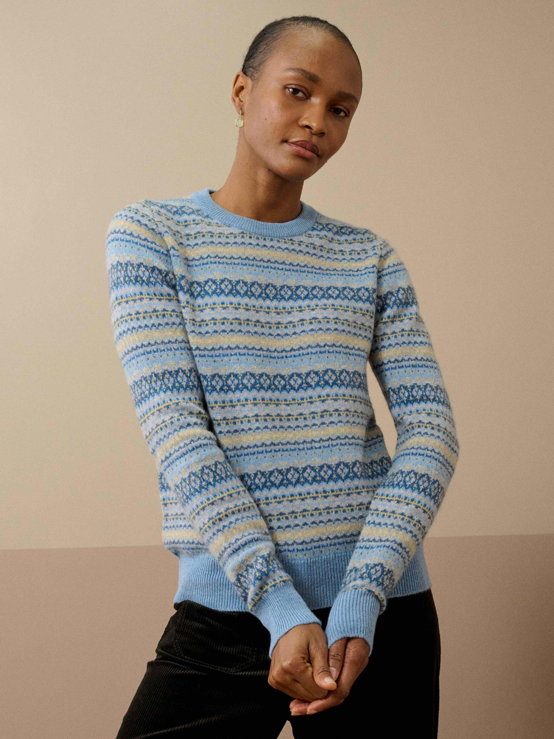 Product image 1 of 4, which shows Brora Cashmere Fair Isle Round Neck Jumper, Wedgewood, 16-18