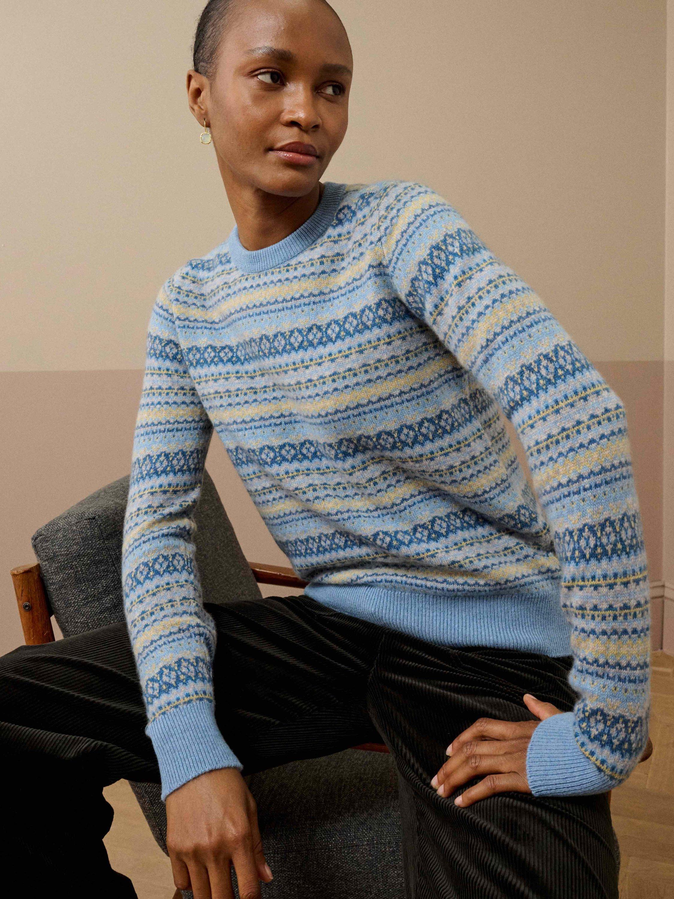 Product image 2 of 4, which shows Brora Cashmere Fair Isle Round Neck Jumper, Wedgewood, 16-18