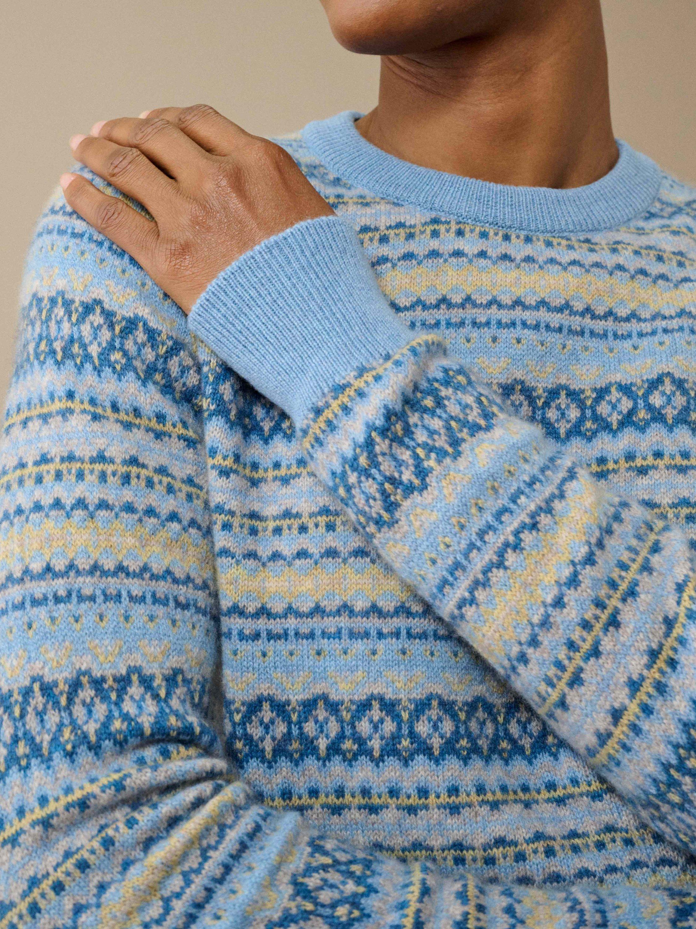 Product image 3 of 4, which shows Brora Cashmere Fair Isle Round Neck Jumper, Wedgewood, 16-18