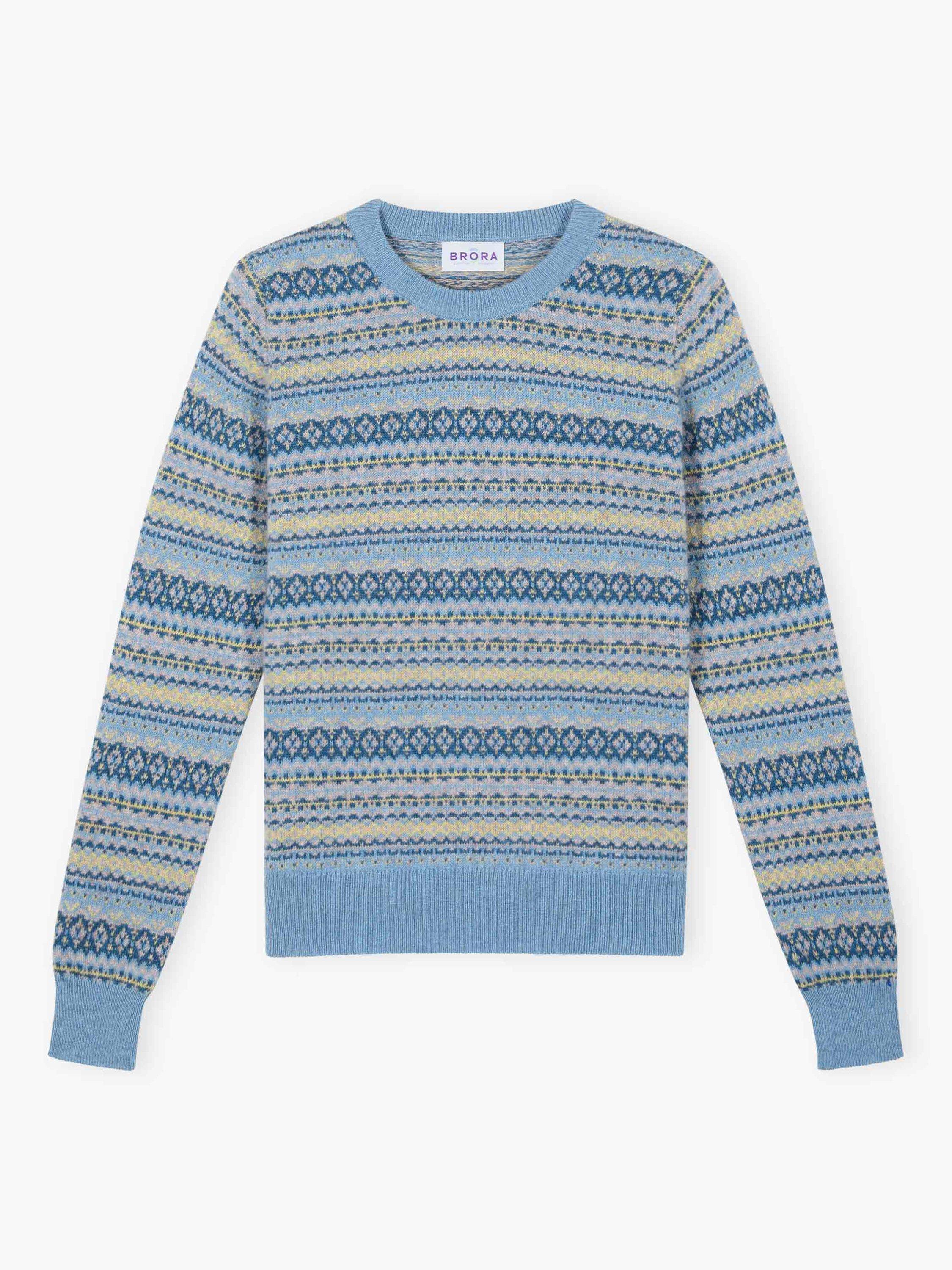 Product image 4 of 4, which shows Brora Cashmere Fair Isle Round Neck Jumper, Wedgewood, 16-18