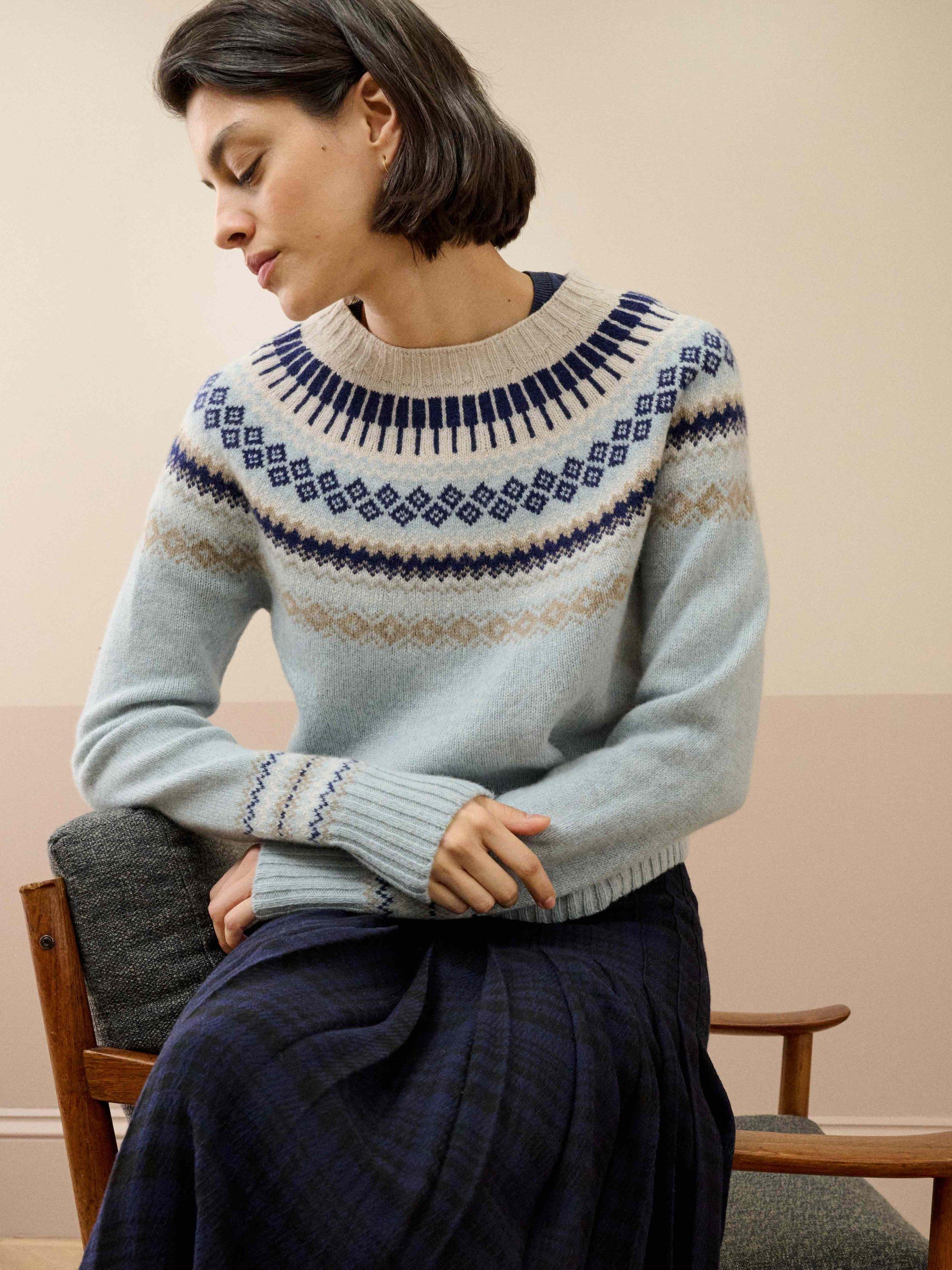 Brora Short Fair Isle Yoke Lambswool Jumper, Mineral