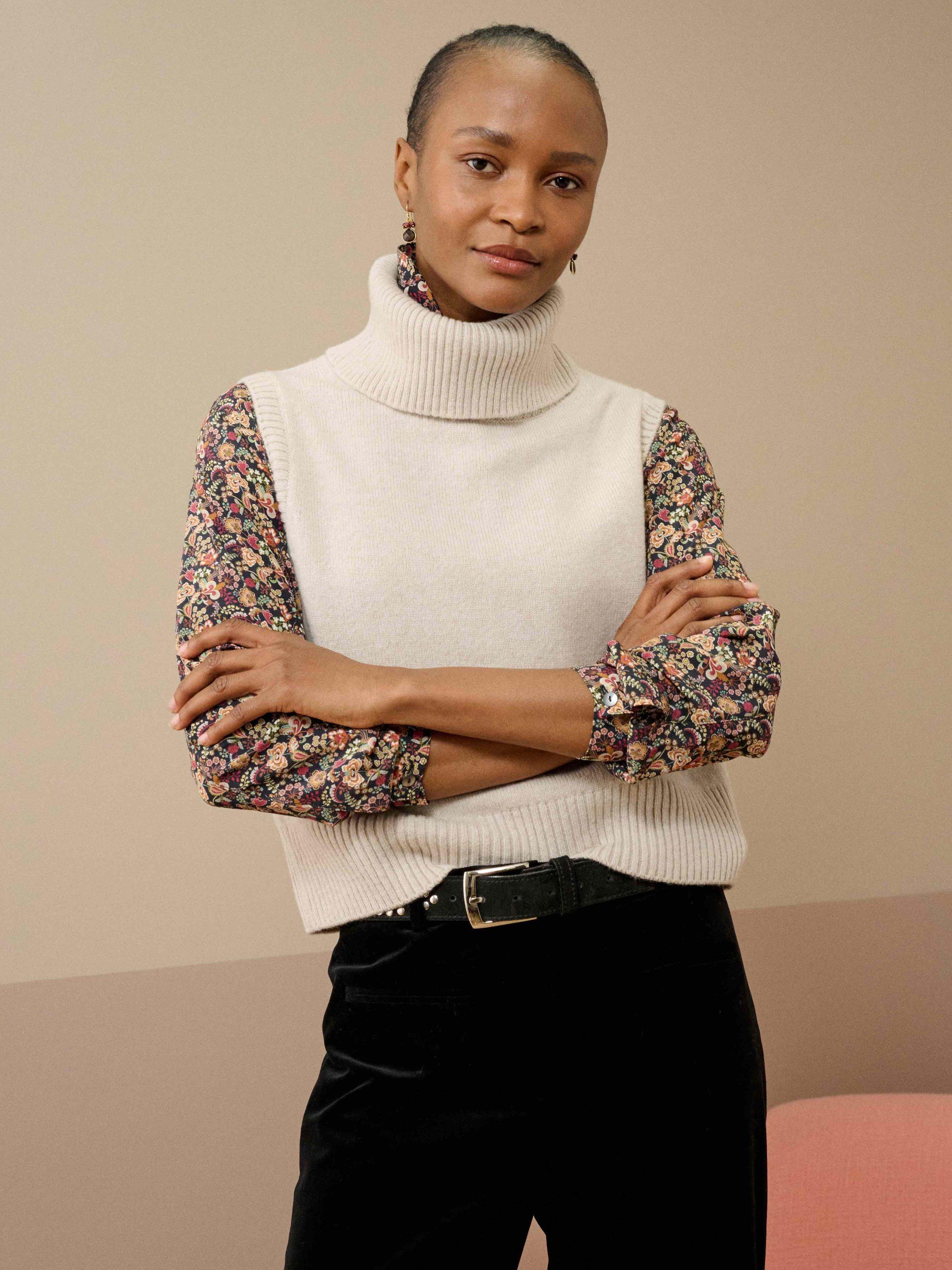 Product image 1 of 5, which shows Brora Supersoft Lambswool Sleeveless Polo Neck Jumper, Oatmeal, 8