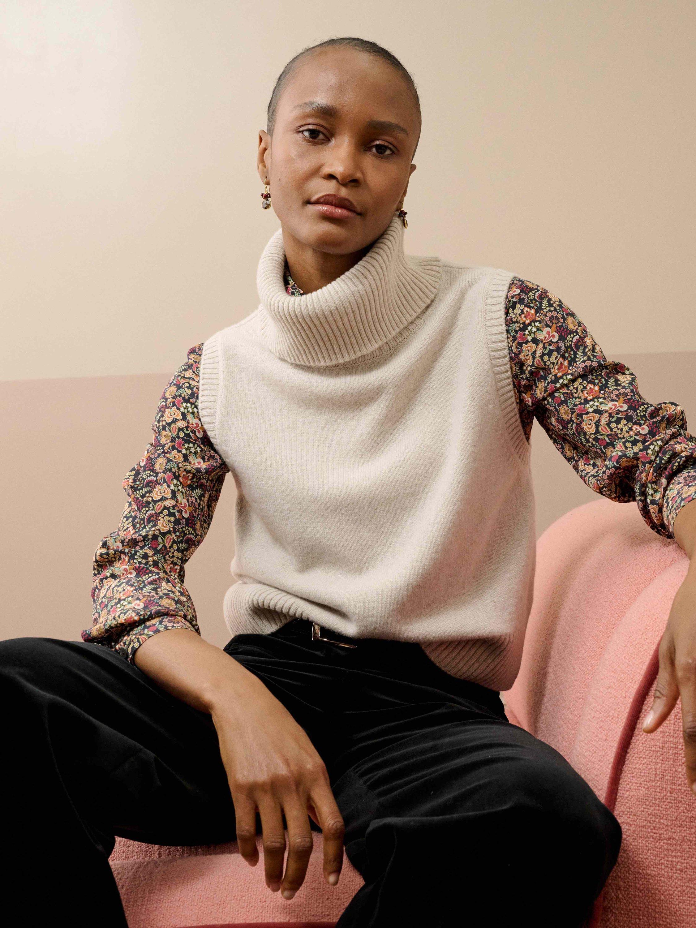 Product image 2 of 5, which shows Brora Supersoft Lambswool Sleeveless Polo Neck Jumper, Oatmeal, 8