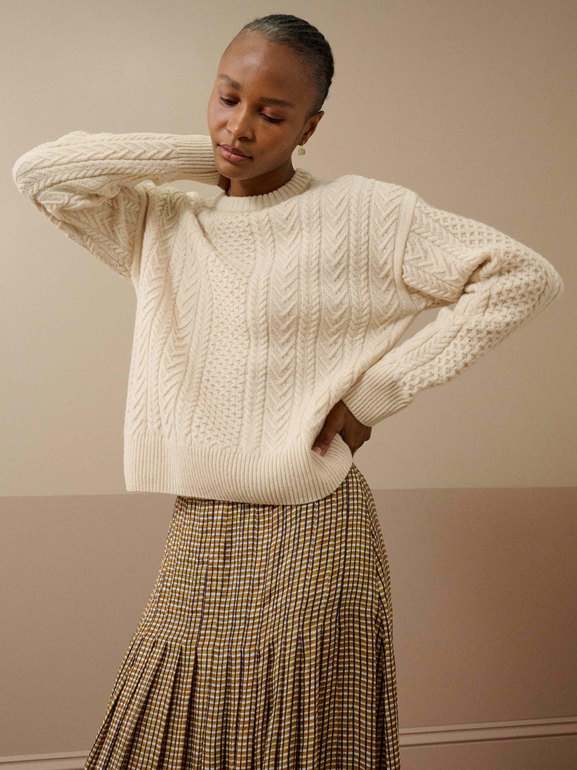 Product image 1 of 4, which shows Brora Supersoft Round Neck Lambswool Aran Jumper, Ivory, 16-18