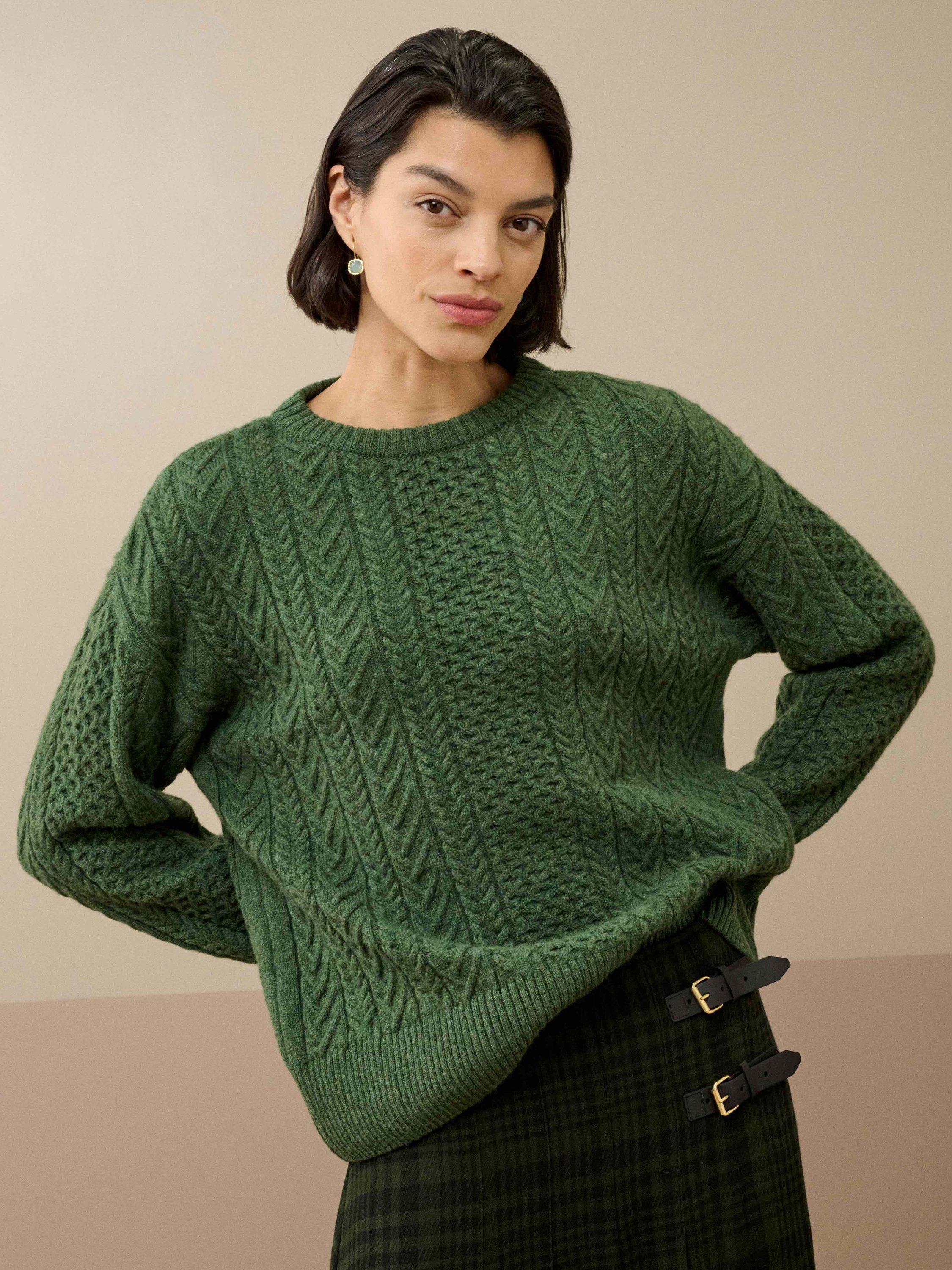 Product image 1 of 5, which shows Brora Supersoft Round Neck Lambswool Aran Jumper , Tarragon, 12-14
