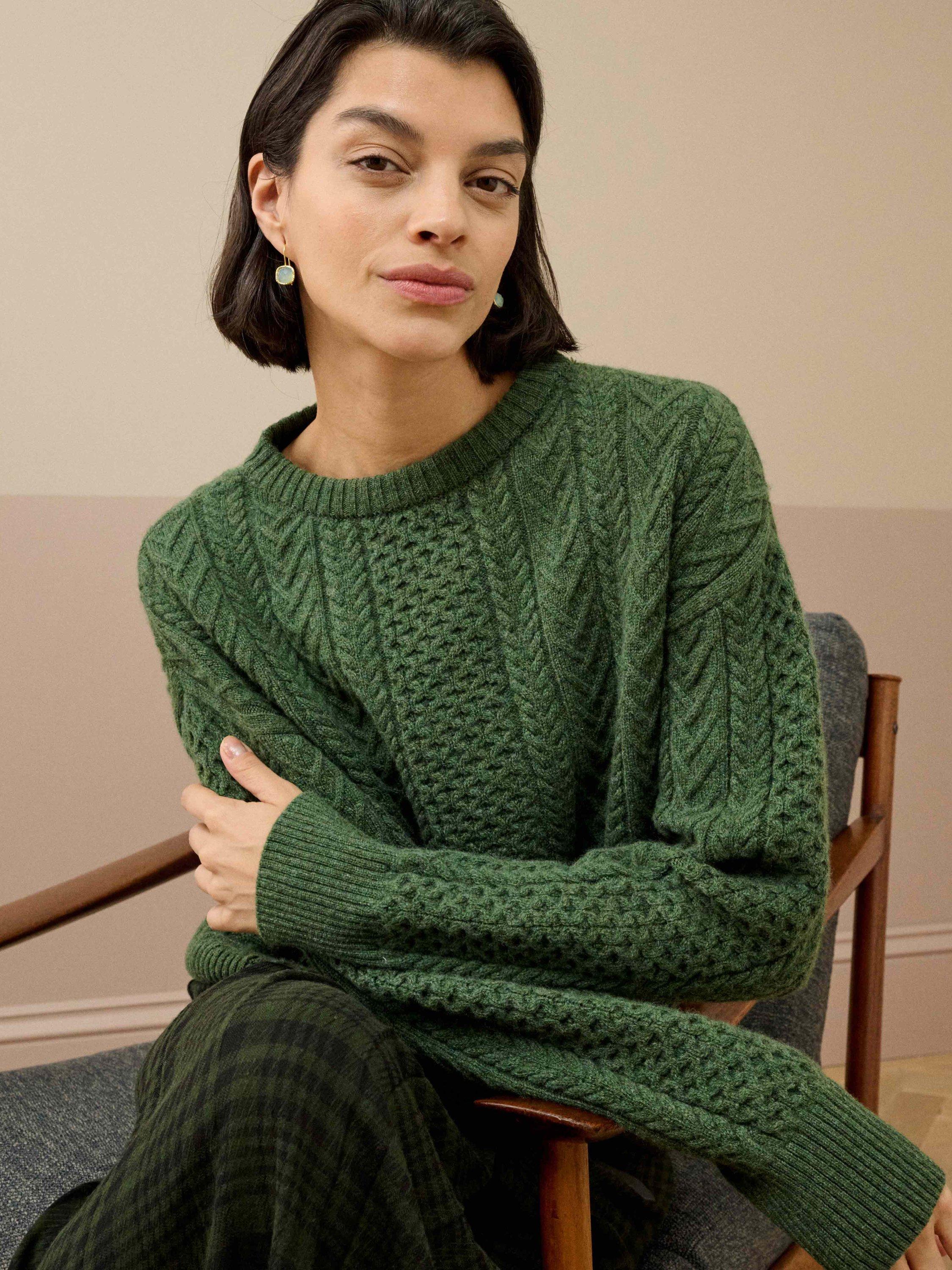 Product image 2 of 5, which shows Brora Supersoft Round Neck Lambswool Aran Jumper , Tarragon, 12-14