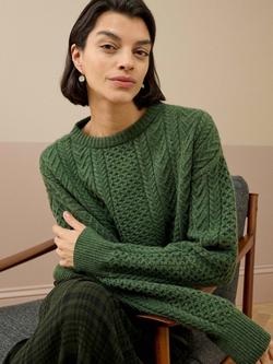 Brora Supersoft Round Neck Lambswool Aran Jumper - view 2, Tarragon