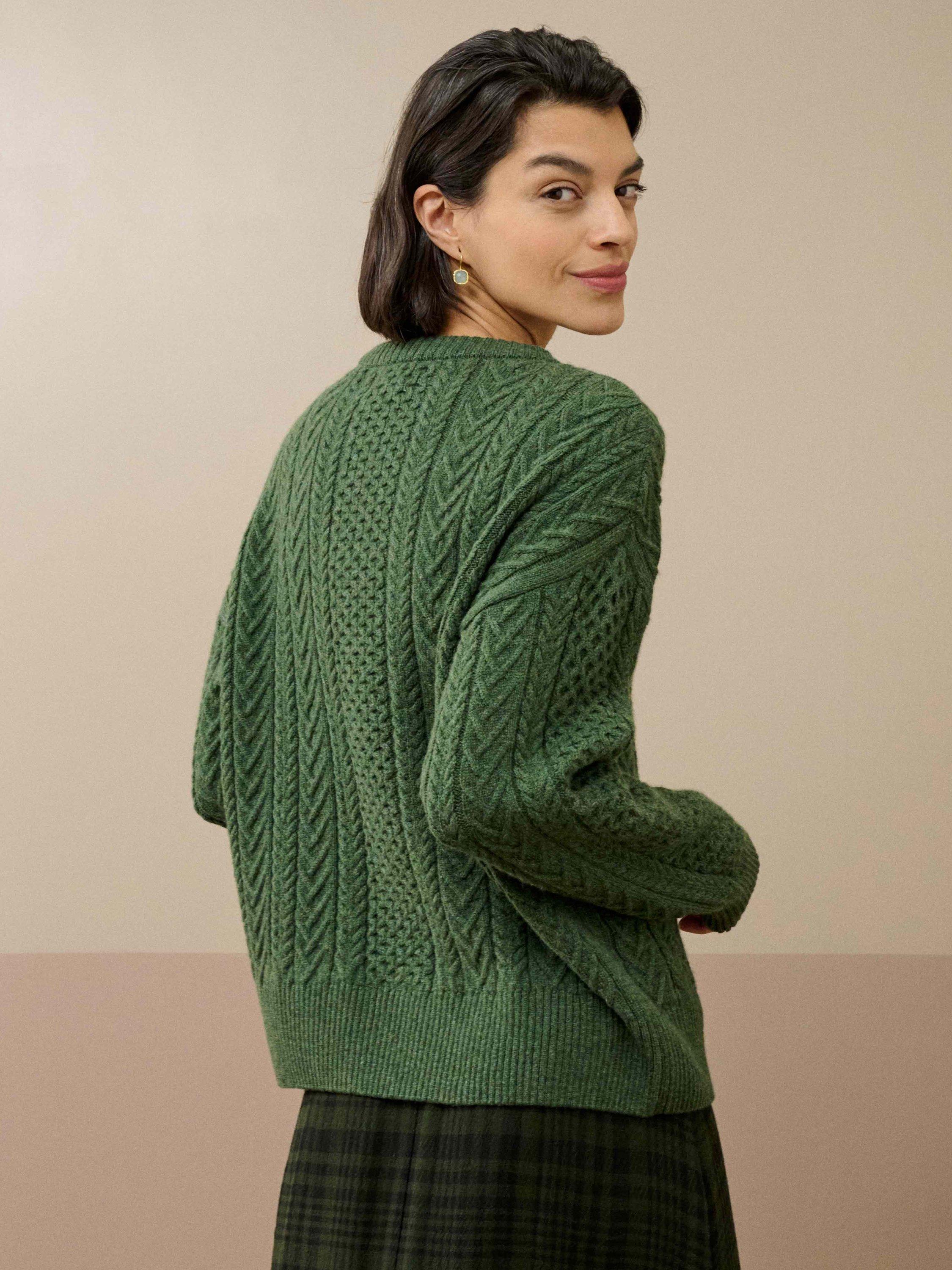 Product image 4 of 5, which shows Brora Supersoft Round Neck Lambswool Aran Jumper , Tarragon, 12-14