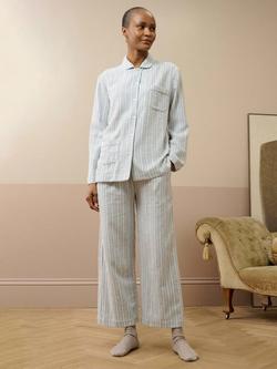 Brora Stripe Brushed Cotton Button Through Long Pyjama Set, Sky/Ivory, Sky/Ivory