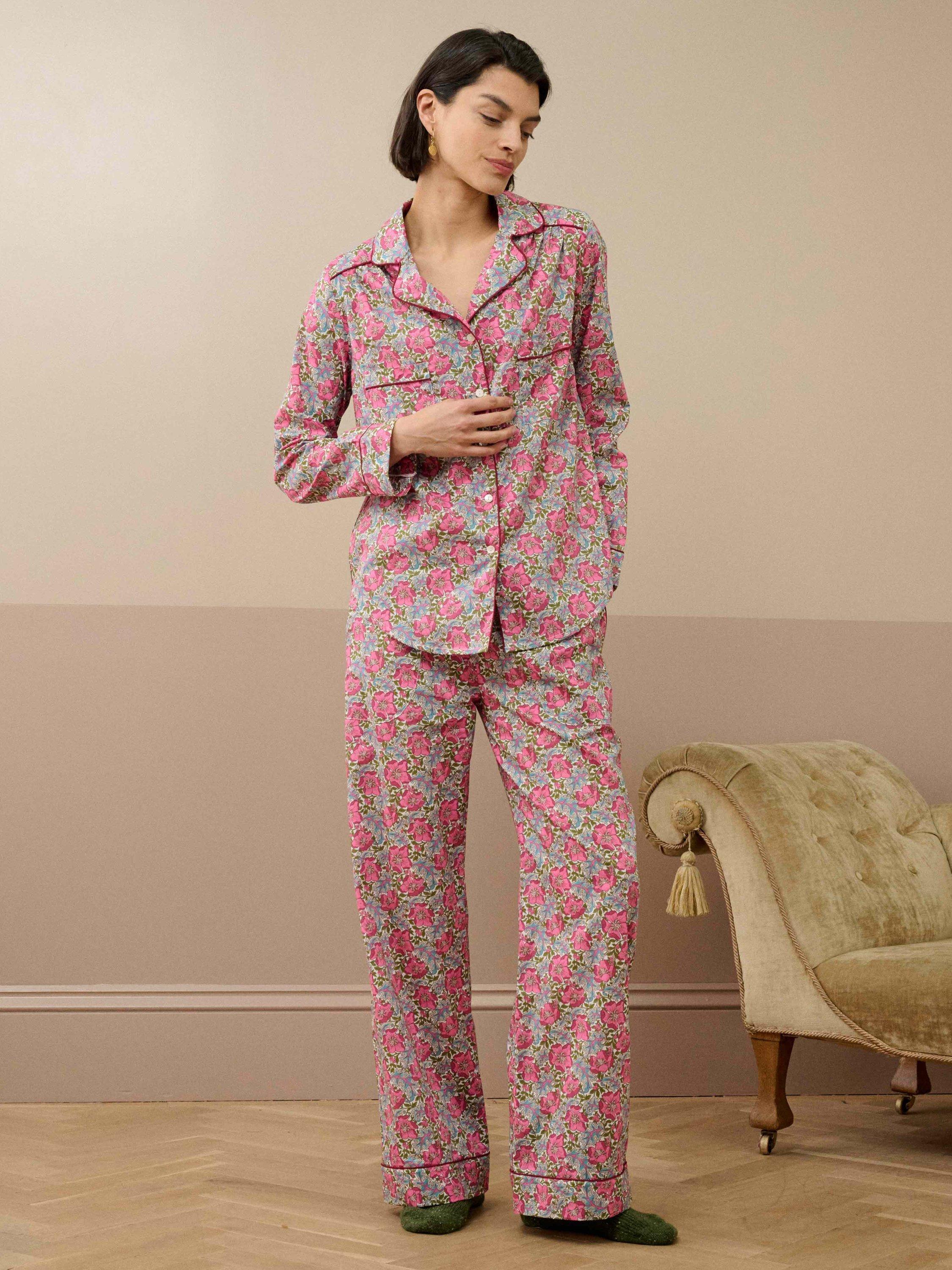 Product image 1 of 5, which shows Brora Liberty Button Through Long Pyjama Set, Peony Bloom, 12-14