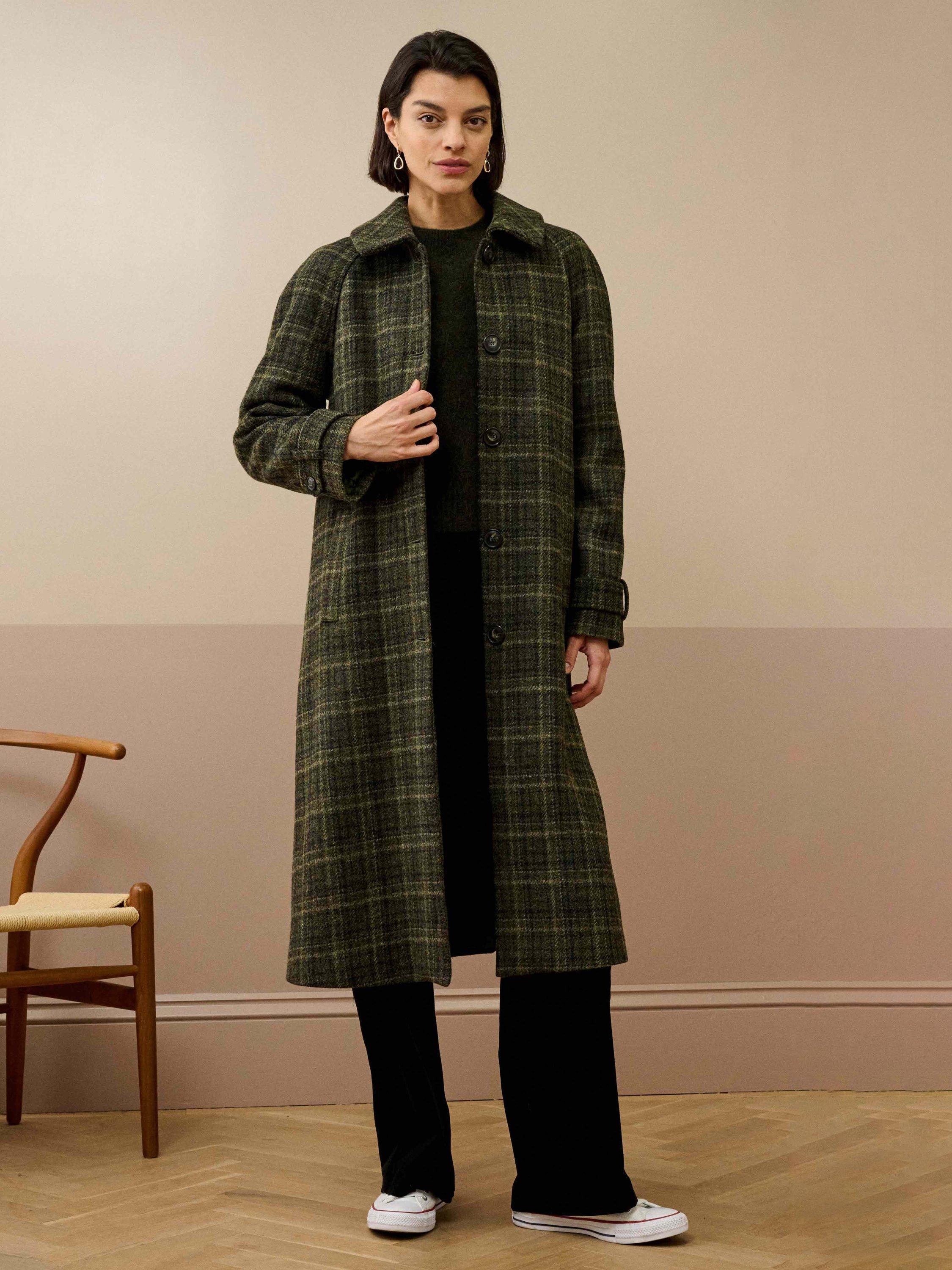 Product image 1 of 5, which shows Brora Harris Tweed Check Pure Wool Coat, Forest, 6