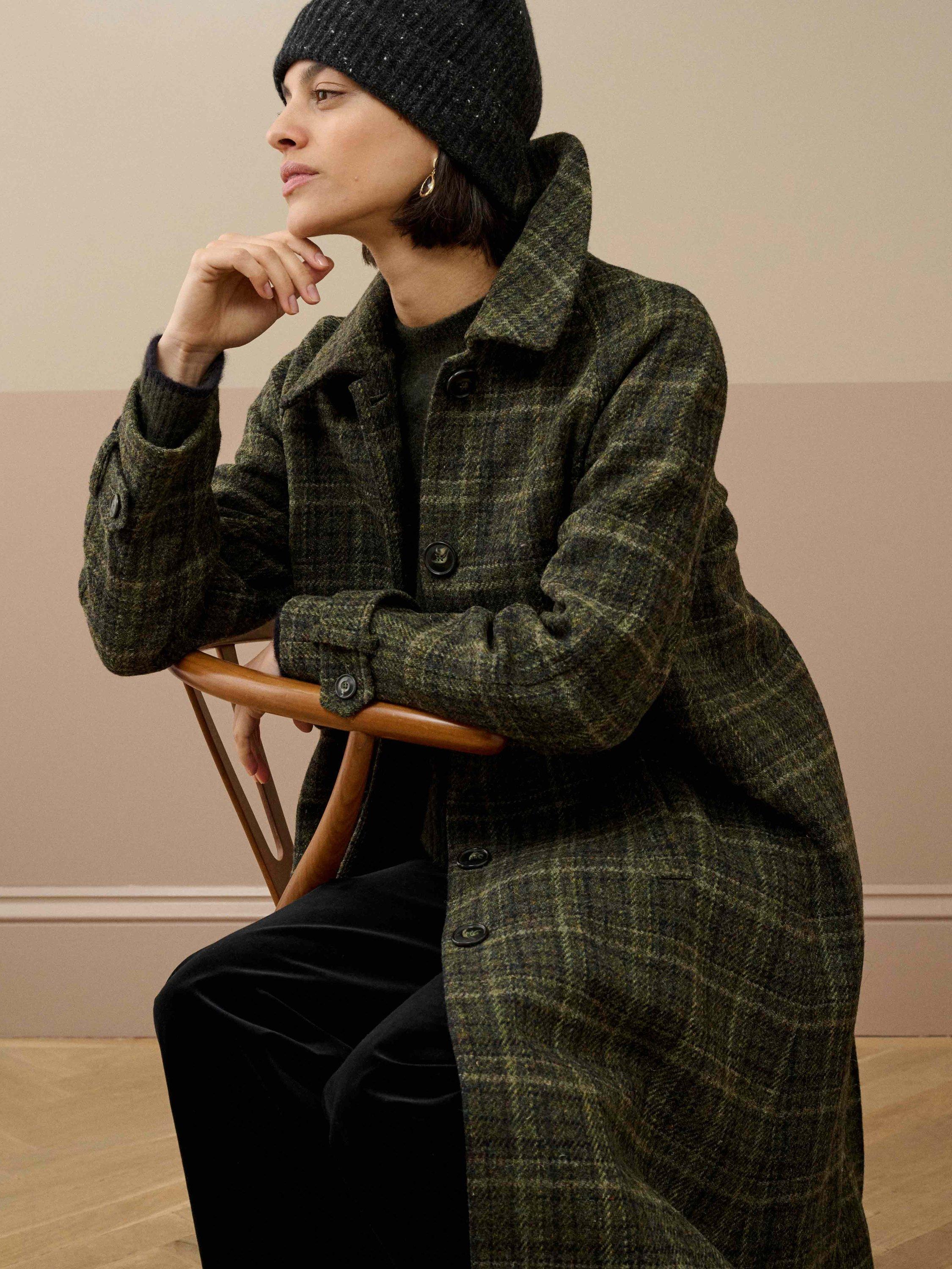 Product image 2 of 5, which shows Brora Harris Tweed Check Pure Wool Coat, Forest, 6