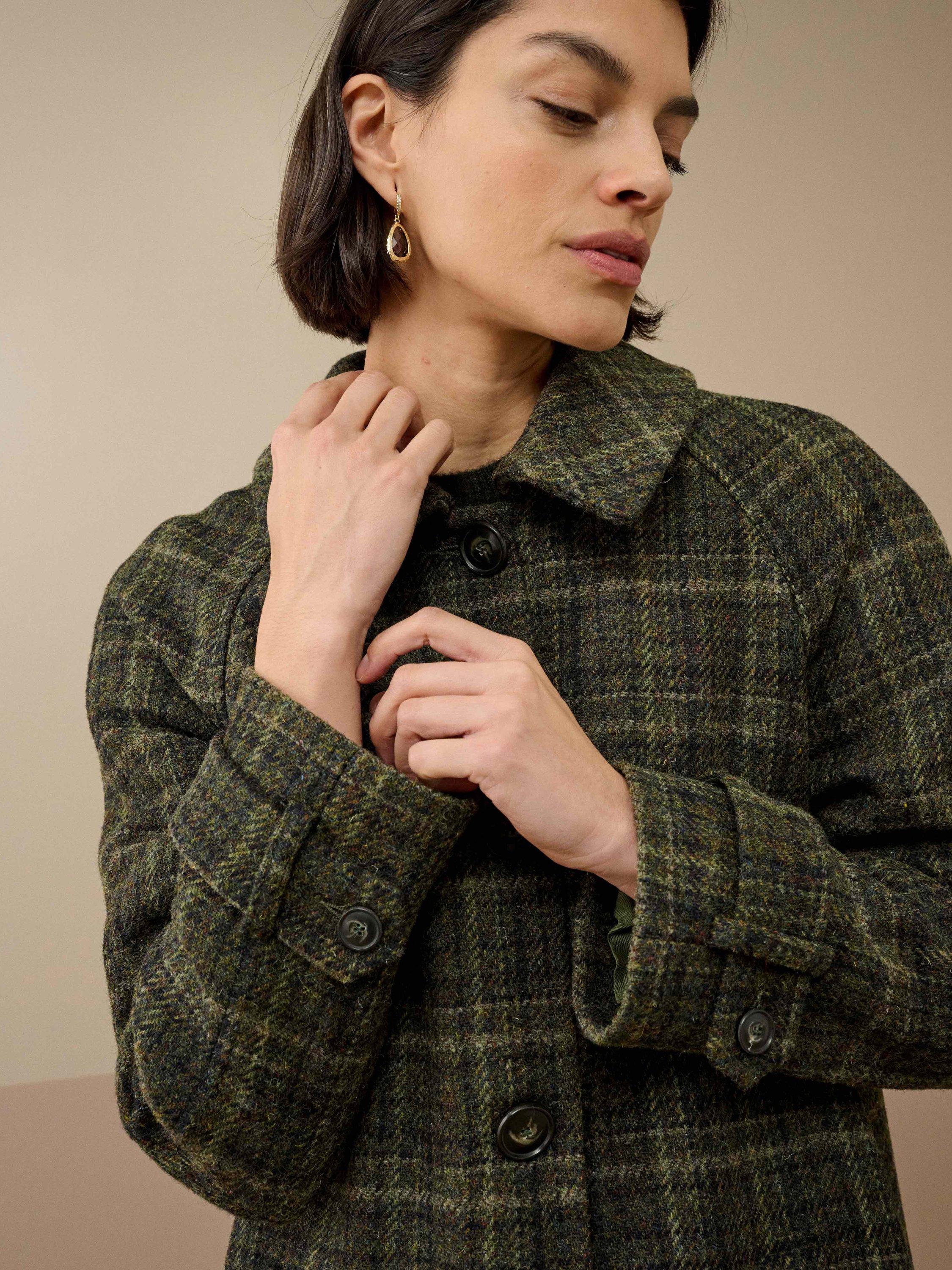 Product image 3 of 5, which shows Brora Harris Tweed Check Pure Wool Coat, Forest, 6