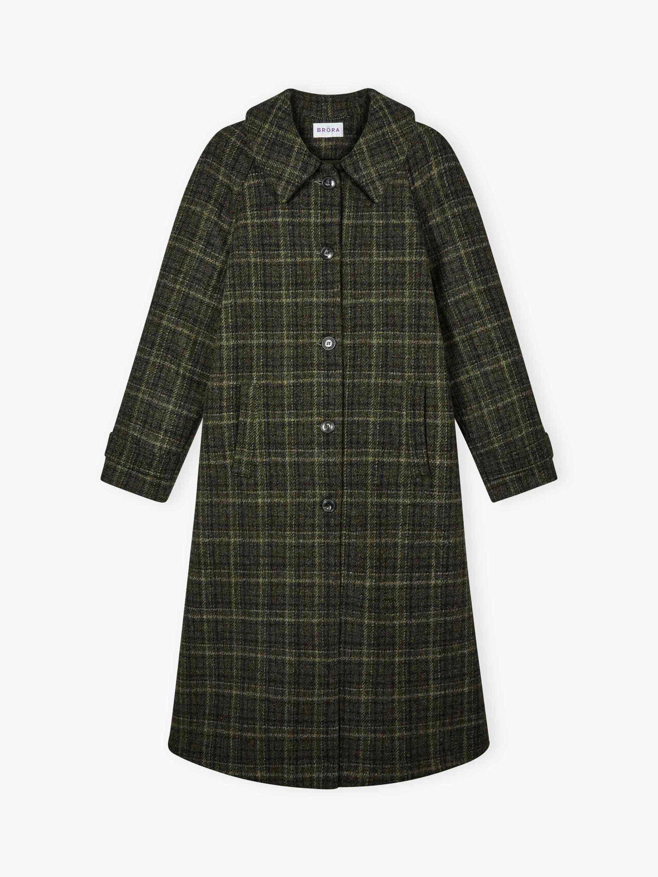 Product image 5 of 5, which shows Brora Harris Tweed Check Pure Wool Coat, Forest, 6