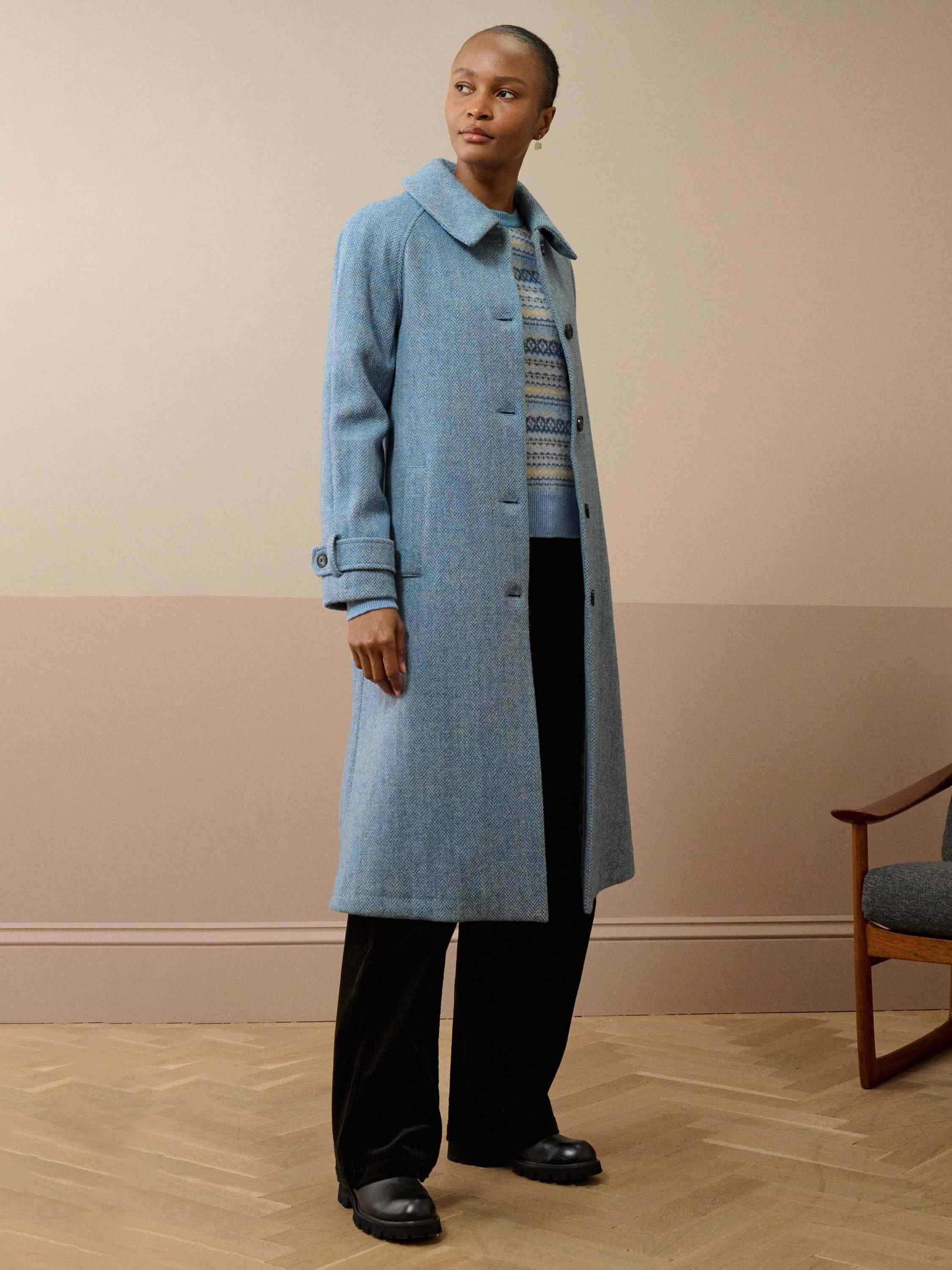 Product image 1 of 5, which shows Brora Harris Tweed Herringbone Pure Wool Coat, Sky, 12