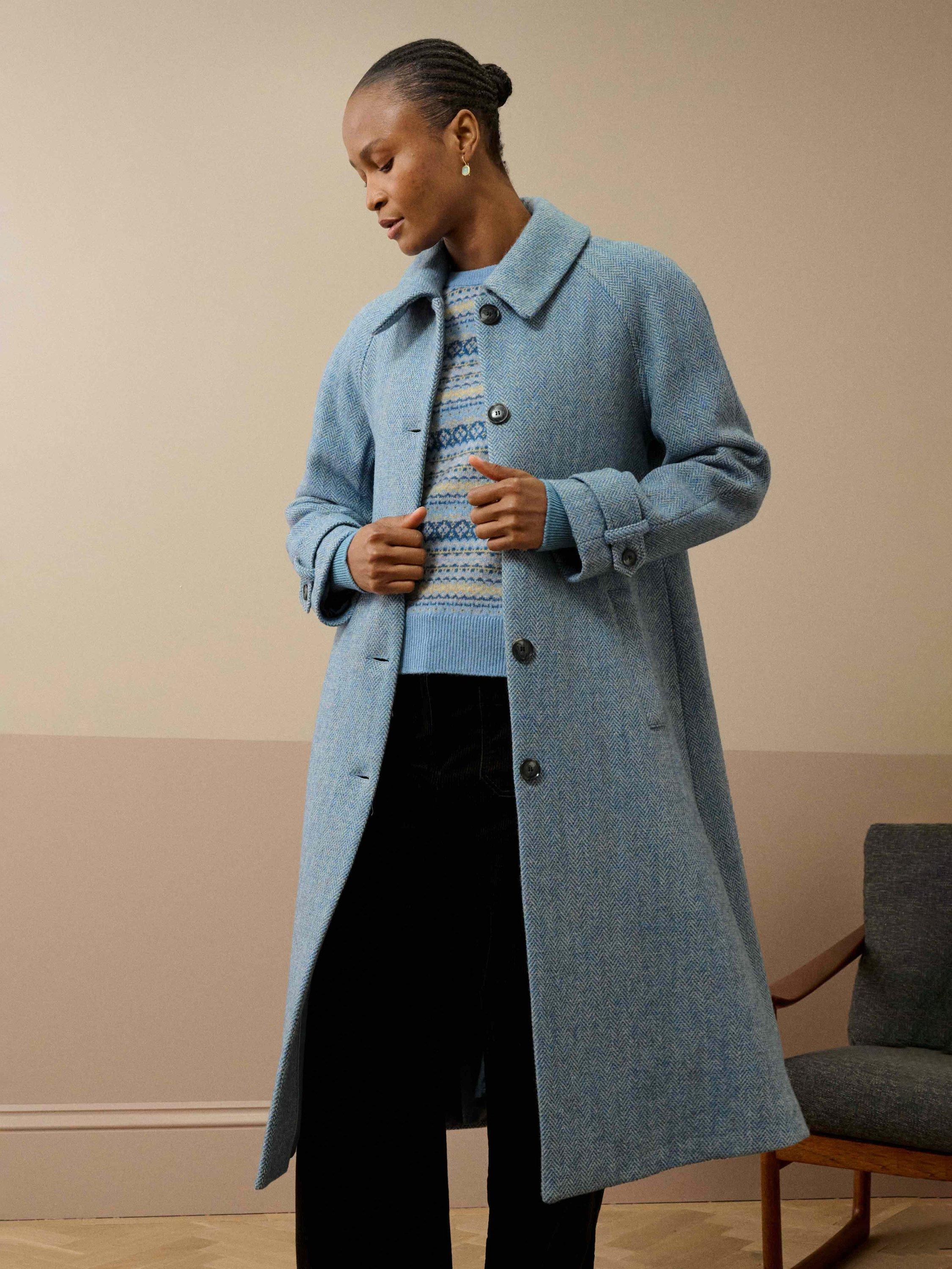 Product image 2 of 5, which shows Brora Harris Tweed Herringbone Pure Wool Coat, Sky, 12